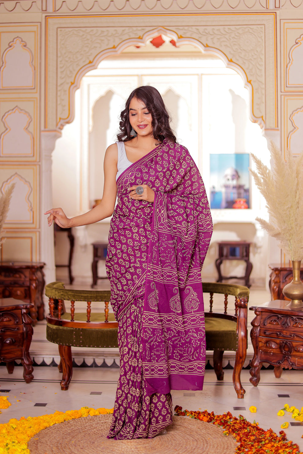 One Minute Ready To Wear Elaborate Purple Cotton Saree