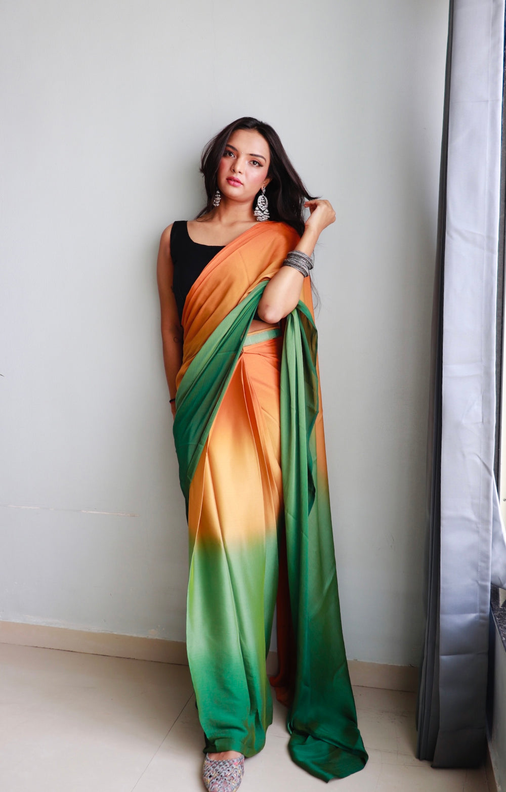 One Minute Ready To Wear Orange & Green Chiffon Silk Saree