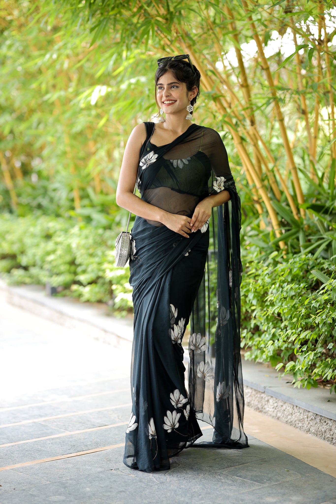 One Minute Ready To Wear Black Pure Soft Georgette Silk Flower Designed Saree