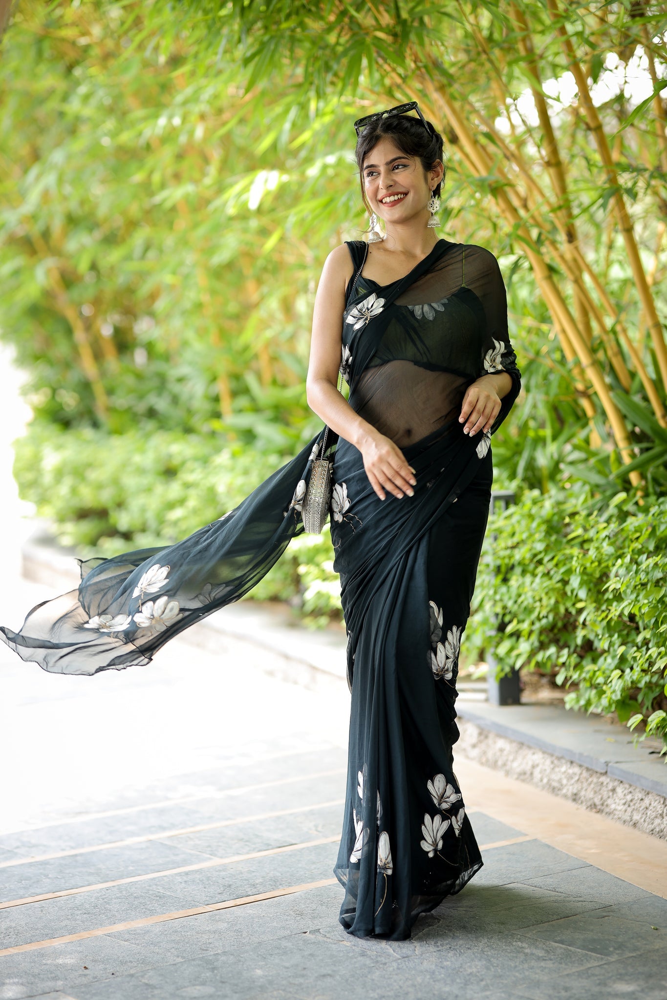 One Minute Ready To Wear Black Pure Soft Georgette Silk Flower Designed Saree