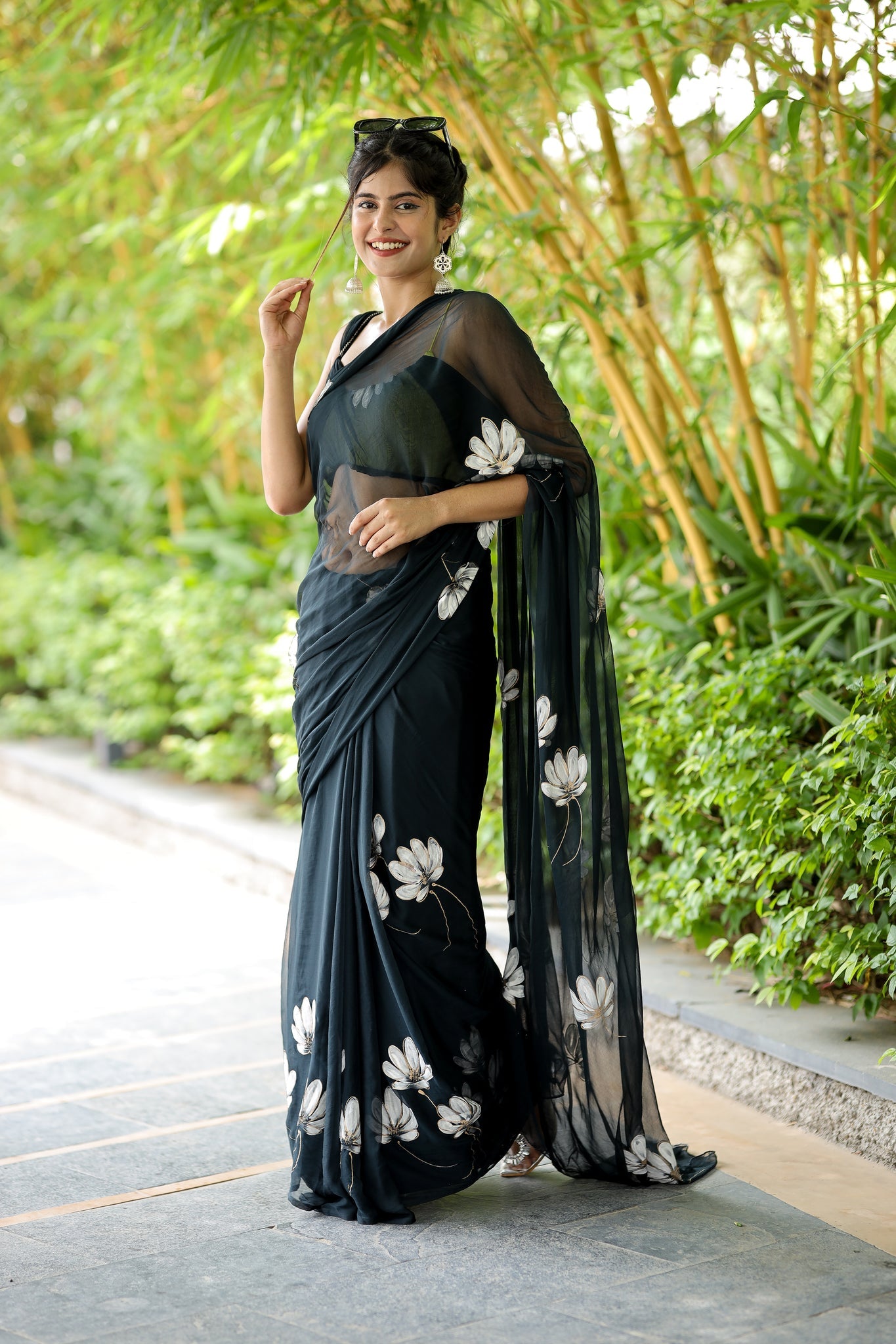 One Minute Ready To Wear Black Pure Soft Georgette Silk Flower Designed Saree