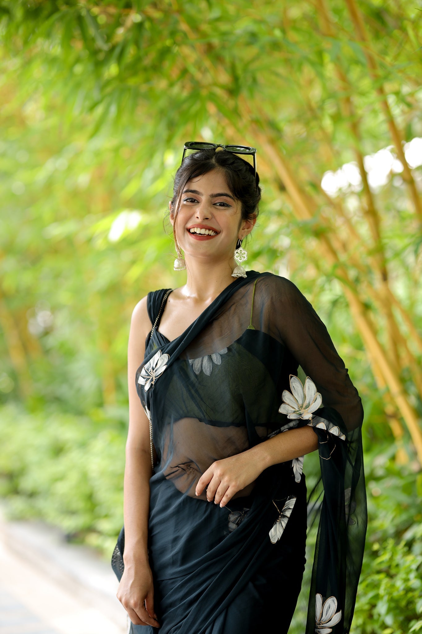 One Minute Ready To Wear Black Pure Soft Georgette Silk Flower Designed Saree