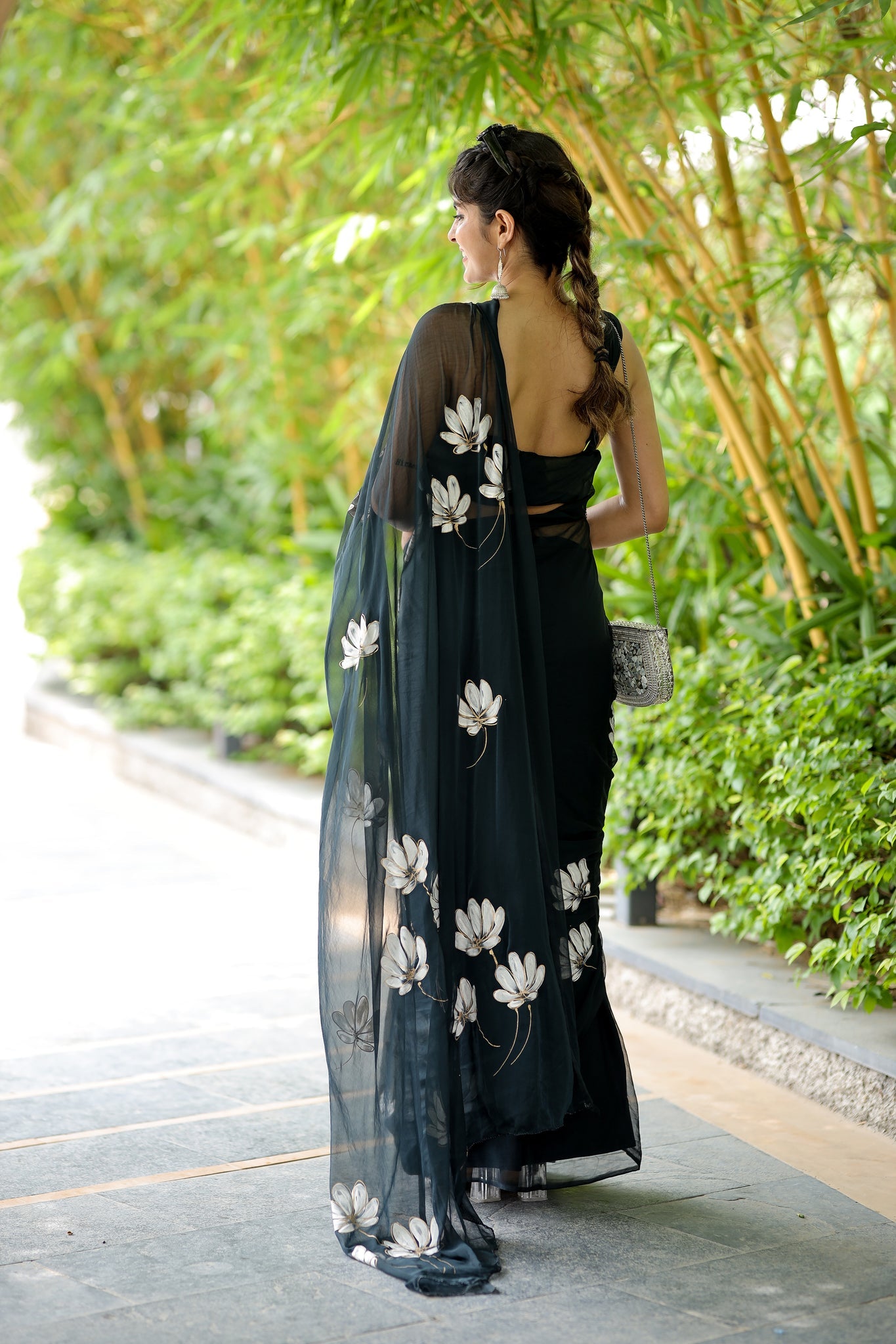 One Minute Ready To Wear Black Pure Soft Georgette Silk Flower Designed Saree