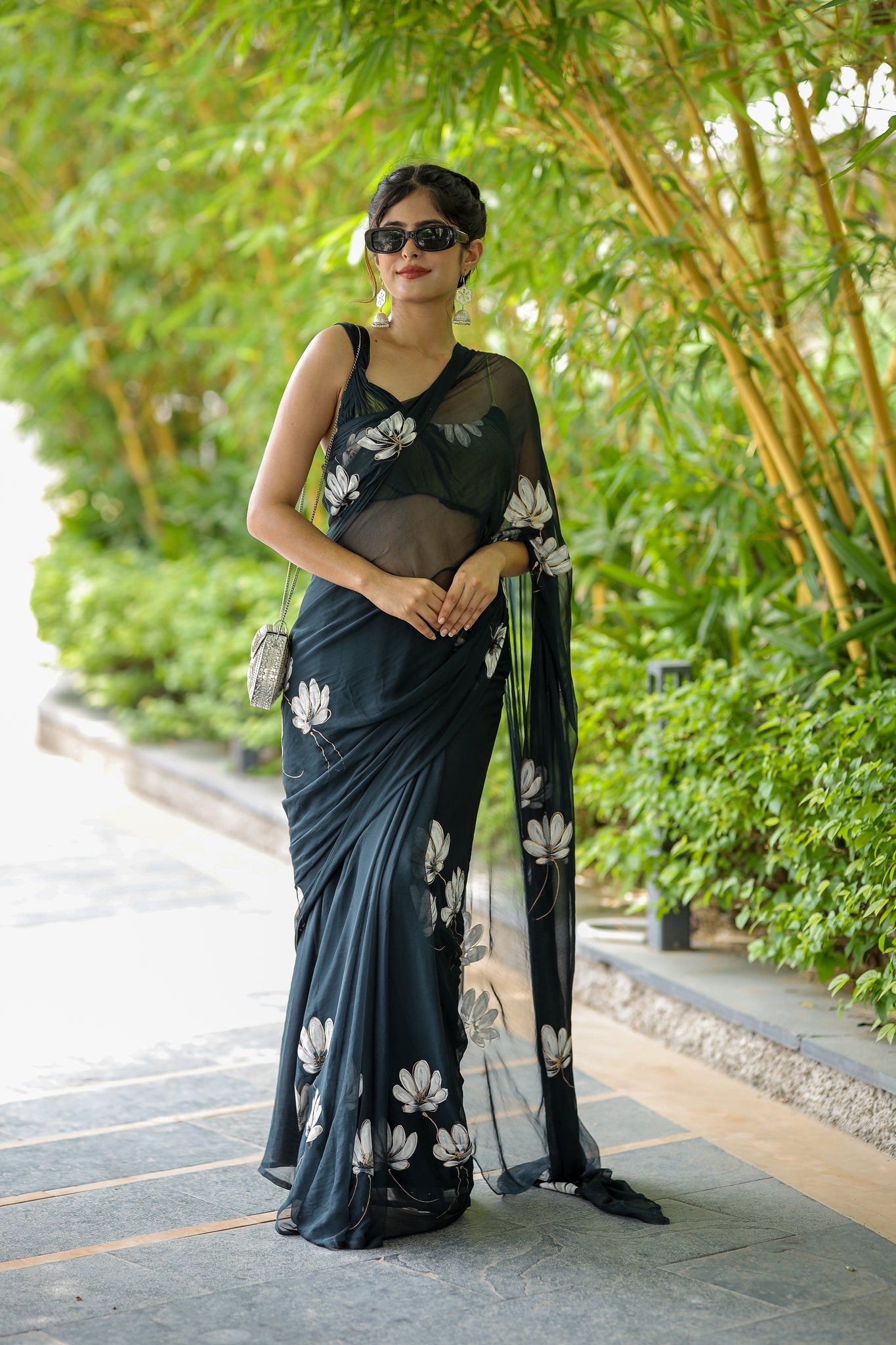 One Minute Ready To Wear Black Pure Soft Georgette Silk Flower Designed Saree
