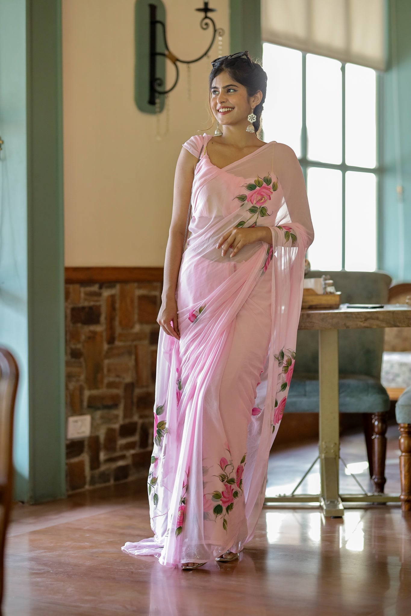 One Minute Ready To Wear Baby Pink Floral Hand Painted Chiffon Saree