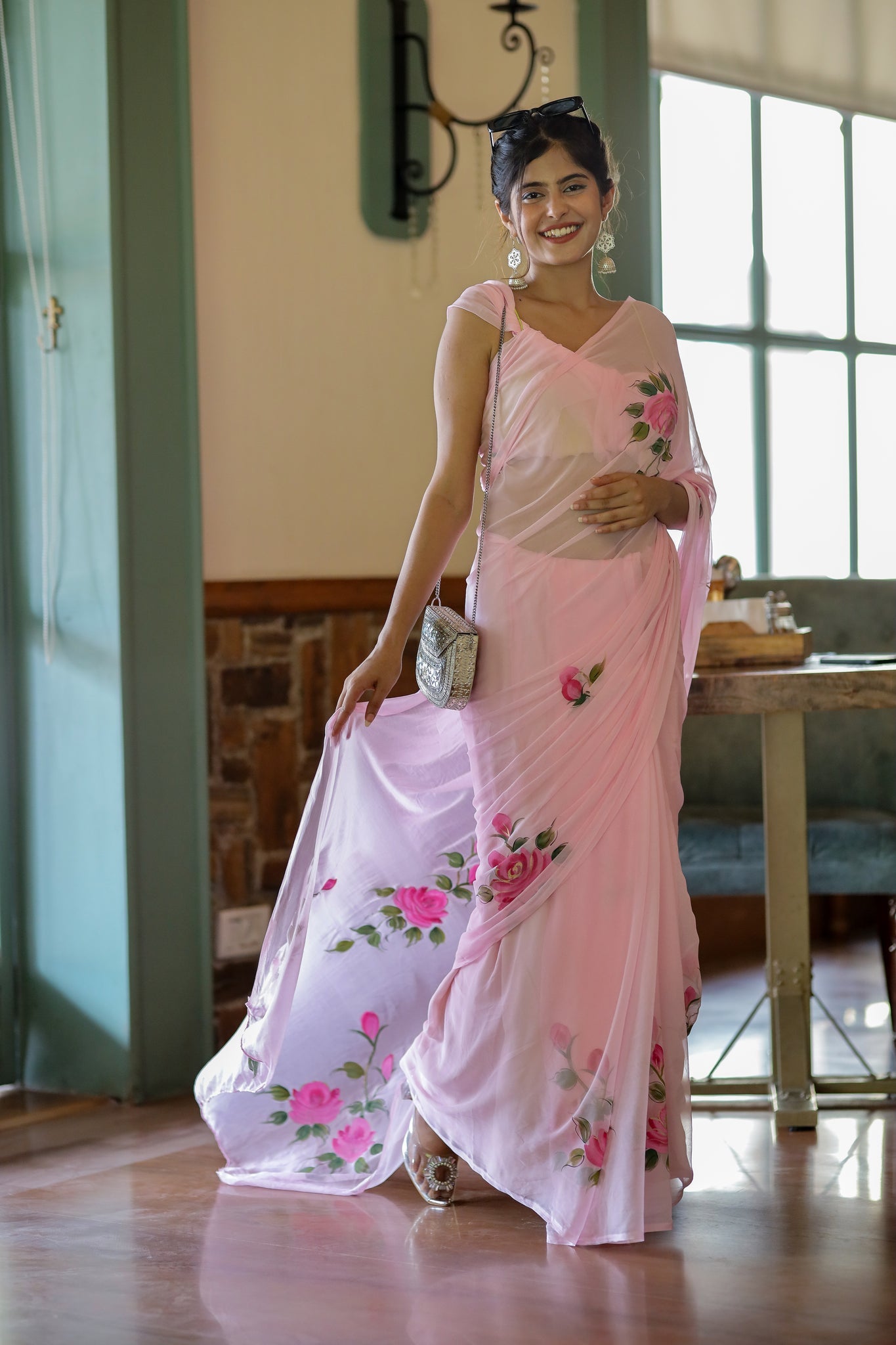 One Minute Ready To Wear Baby Pink Floral Hand Painted Chiffon Saree