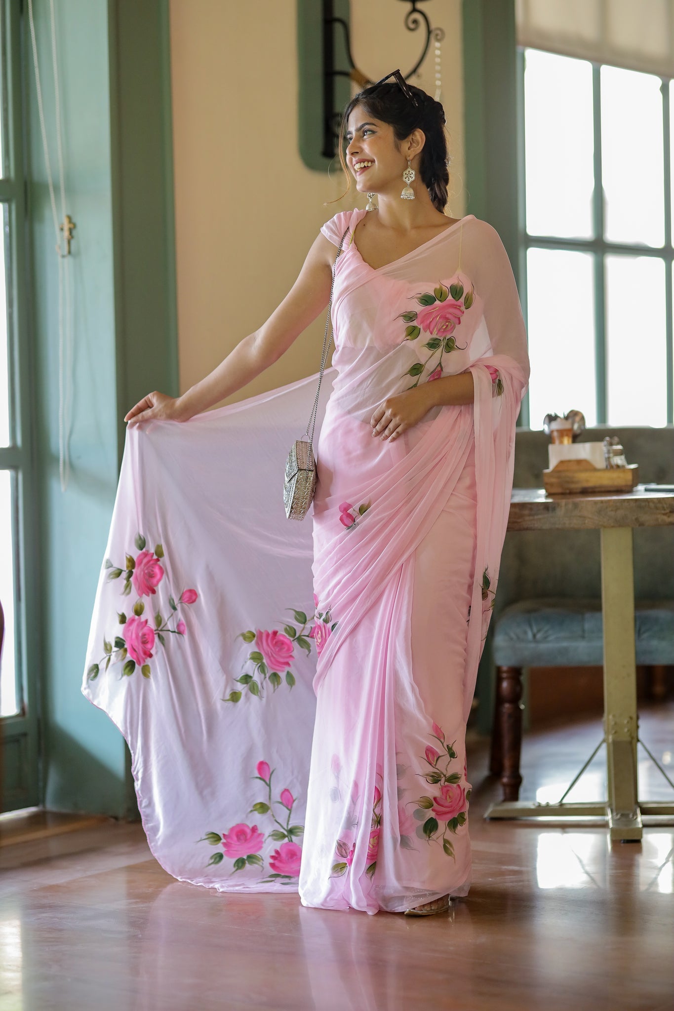 One Minute Ready To Wear Baby Pink Floral Hand Painted Chiffon Saree
