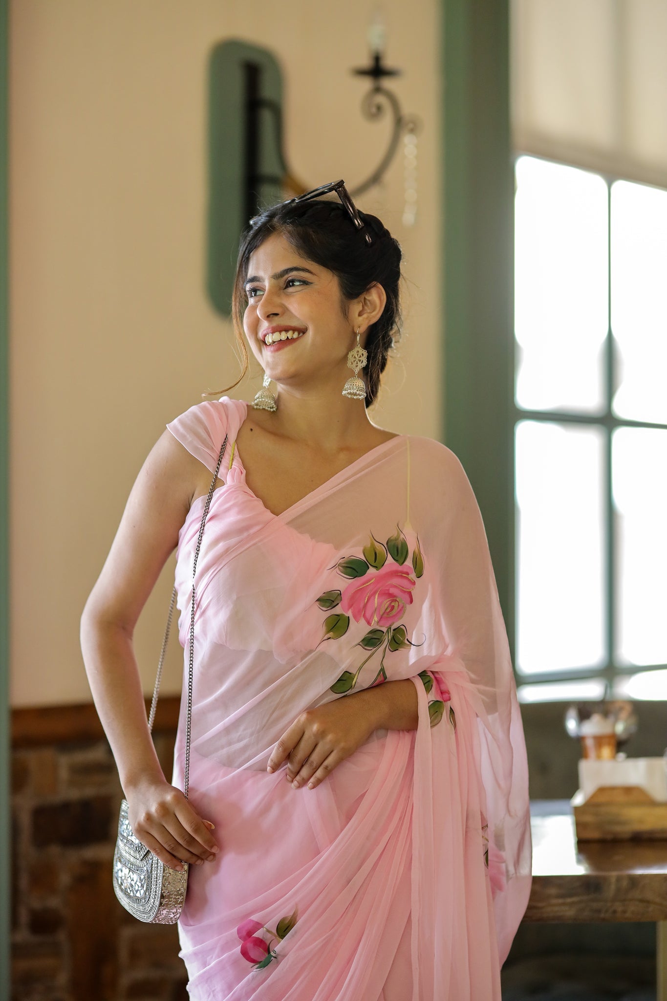One Minute Ready To Wear Baby Pink Floral Hand Painted Chiffon Saree