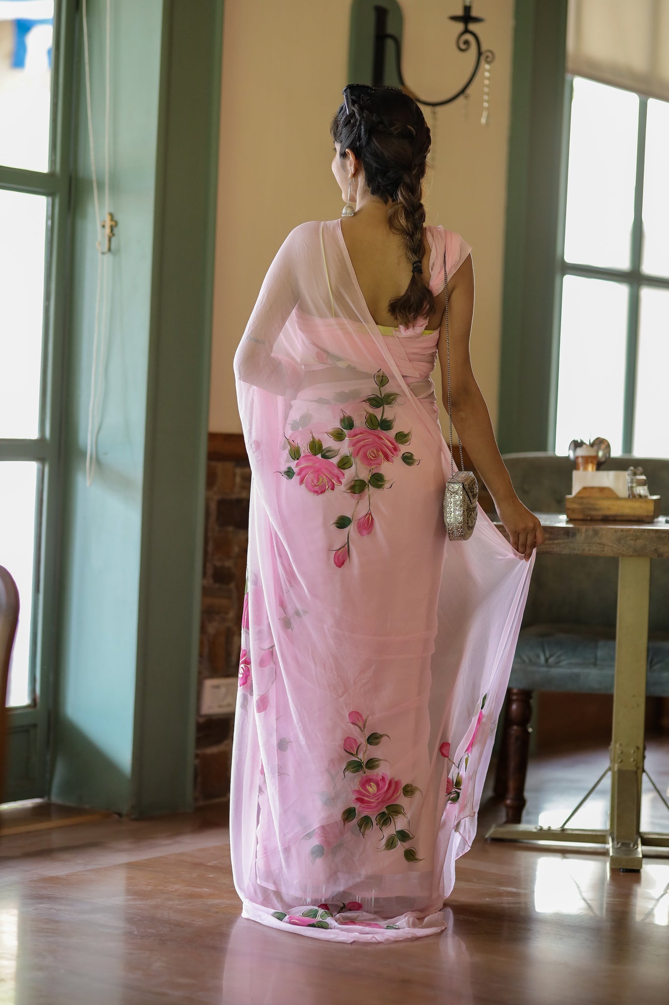 One Minute Ready To Wear Baby Pink Floral Hand Painted Chiffon Saree