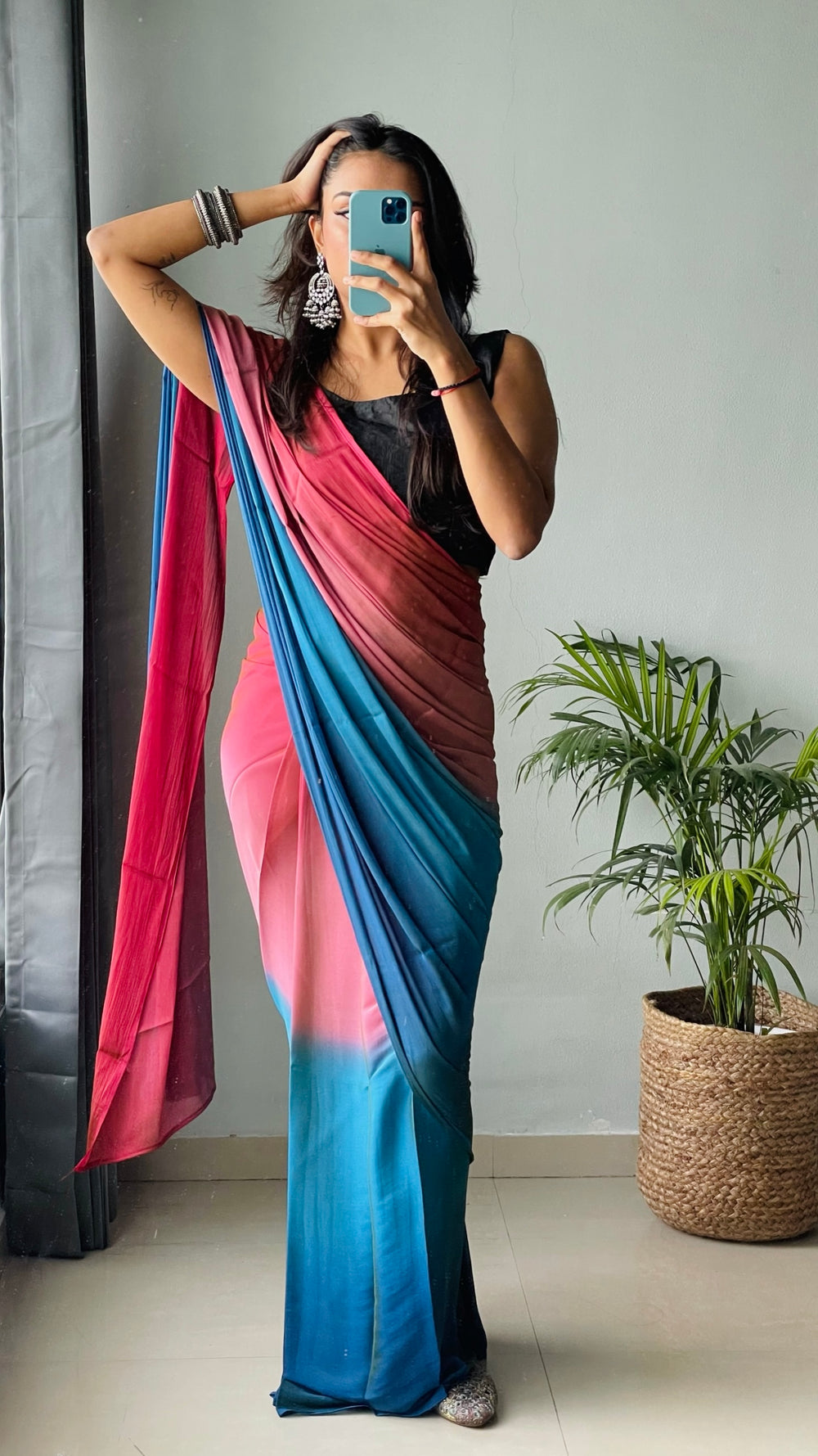 One Minute Ready To Wear Blue & Pink Chiffon Silk Saree