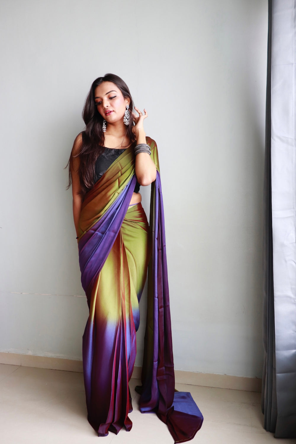 One Minute Ready To Wear Purple & Green Chiffon Silk Saree