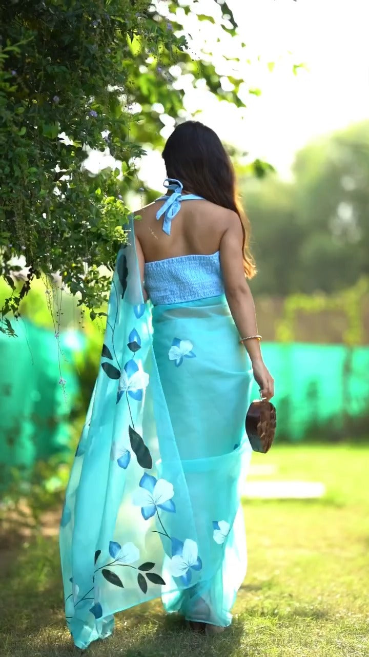 One Minute Ready To Wear Pretty Sky Blue Color Soft Organza Silk
