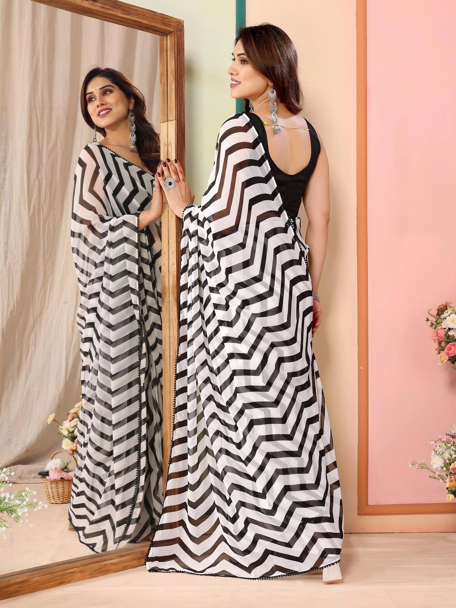 One Minute Ready To Wear Black Color Bollywood Designer Georgette Printed Saree