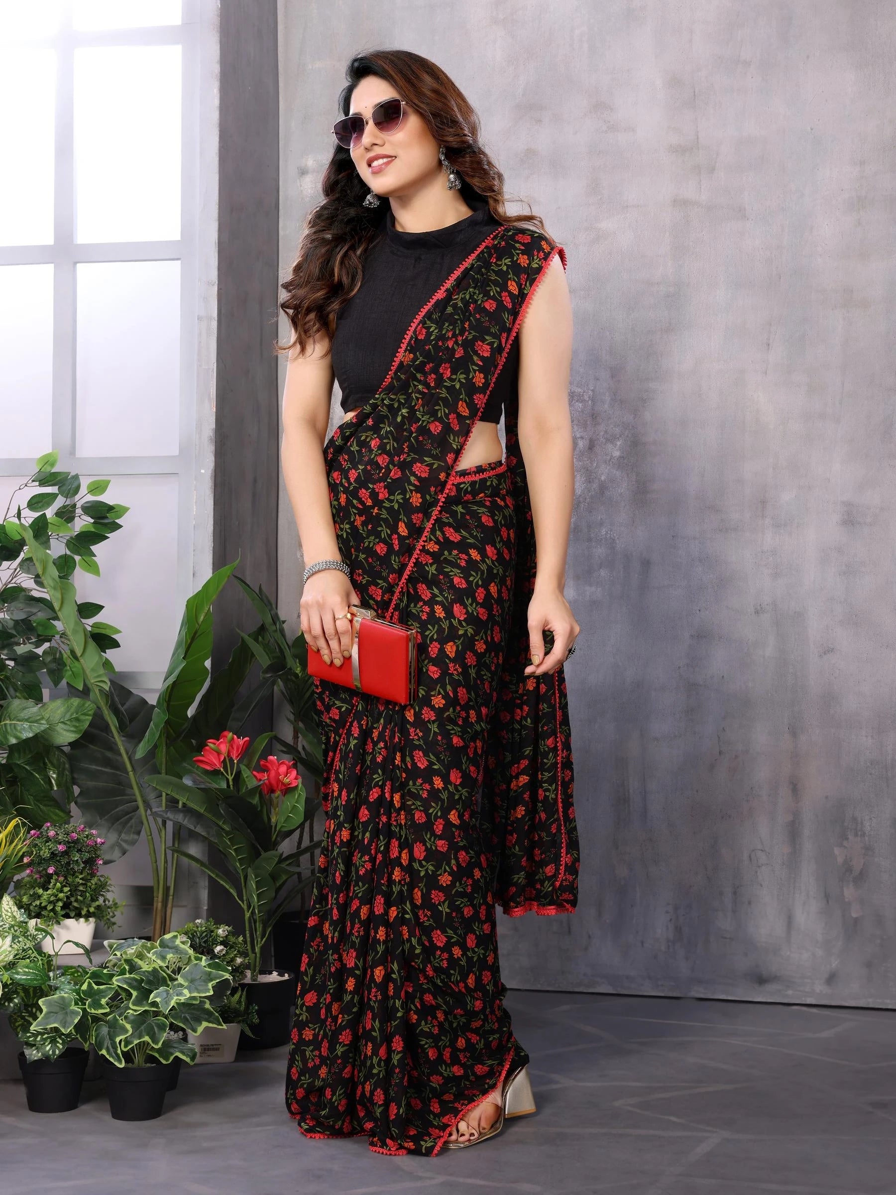 One Minute Ready To Wear Black Self Design Bollywood Georgette Saree