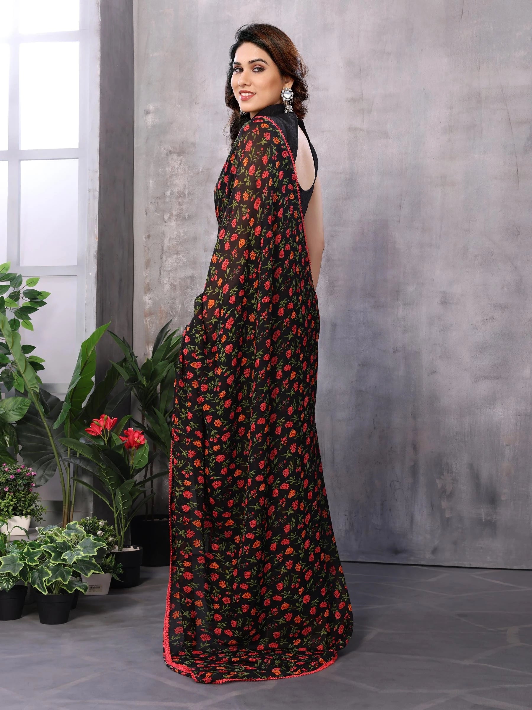 One Minute Ready To Wear Black Self Design Bollywood Georgette Saree