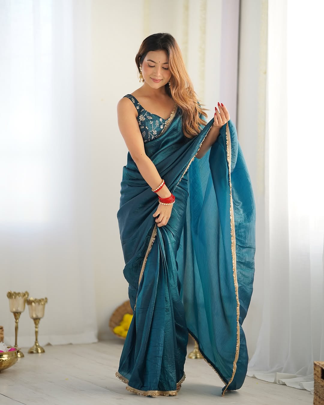 One Minute Ready To Wear Premium Blue Tissue Silk Gold Crush Saree with Designer Lace Border With Stitch Blouse