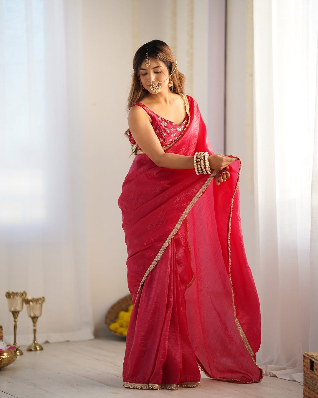 One Minute Ready To Wear Premium Red Tissue Silk Gold Crush Saree with Designer Lace Border With Stitch Blouse