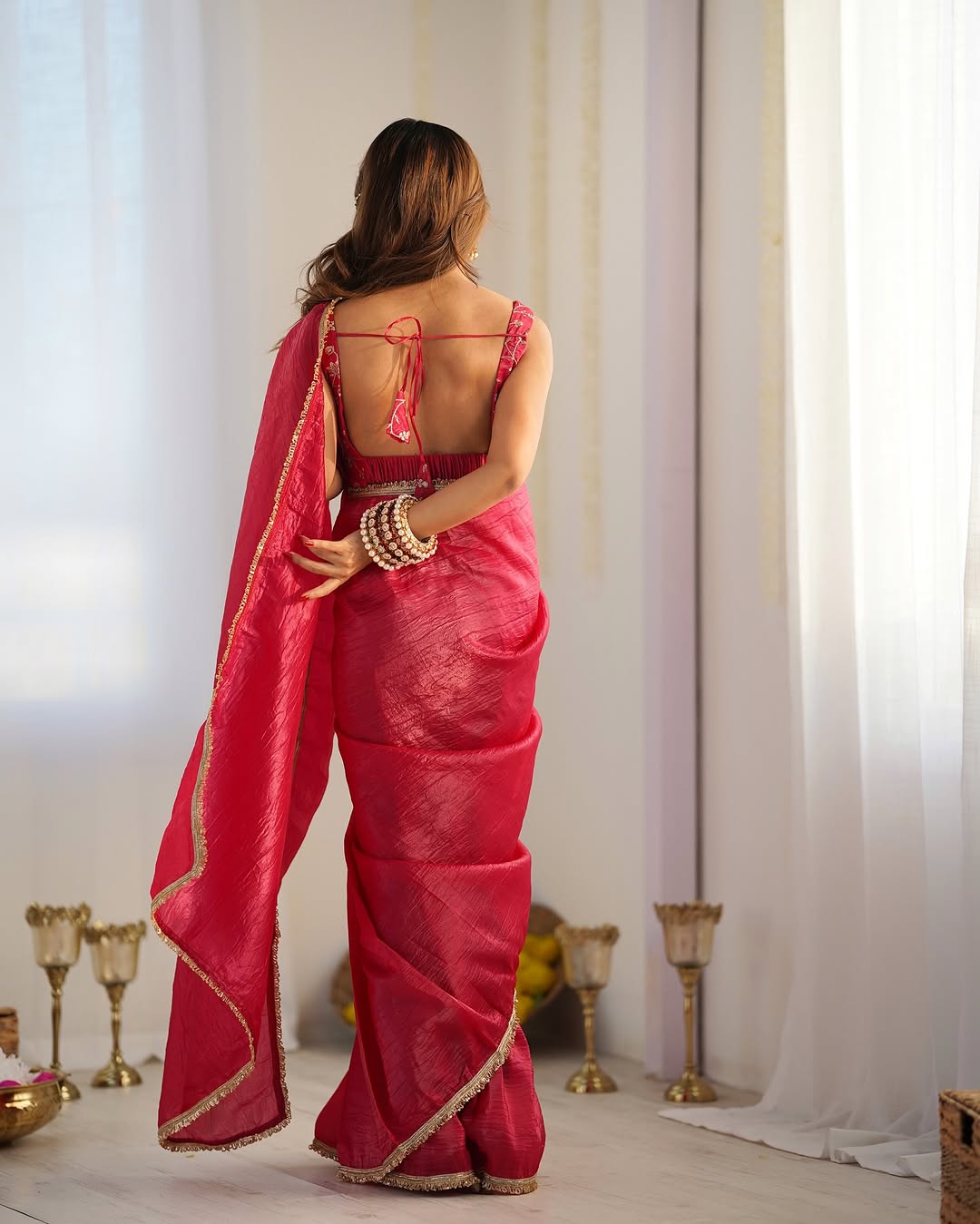 One Minute Ready To Wear Premium Red Tissue Silk Gold Crush Saree with Designer Lace Border With Stitch Blouse