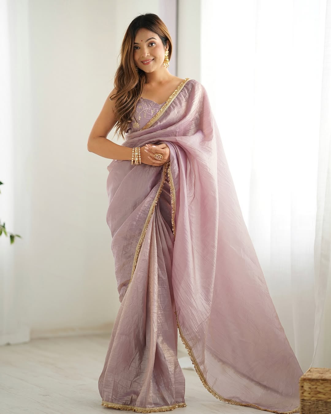 One Minute Ready To Wear Premium Lavendar Tissue Silk Gold Crush Saree with Designer Lace Border With Stitch Blouse