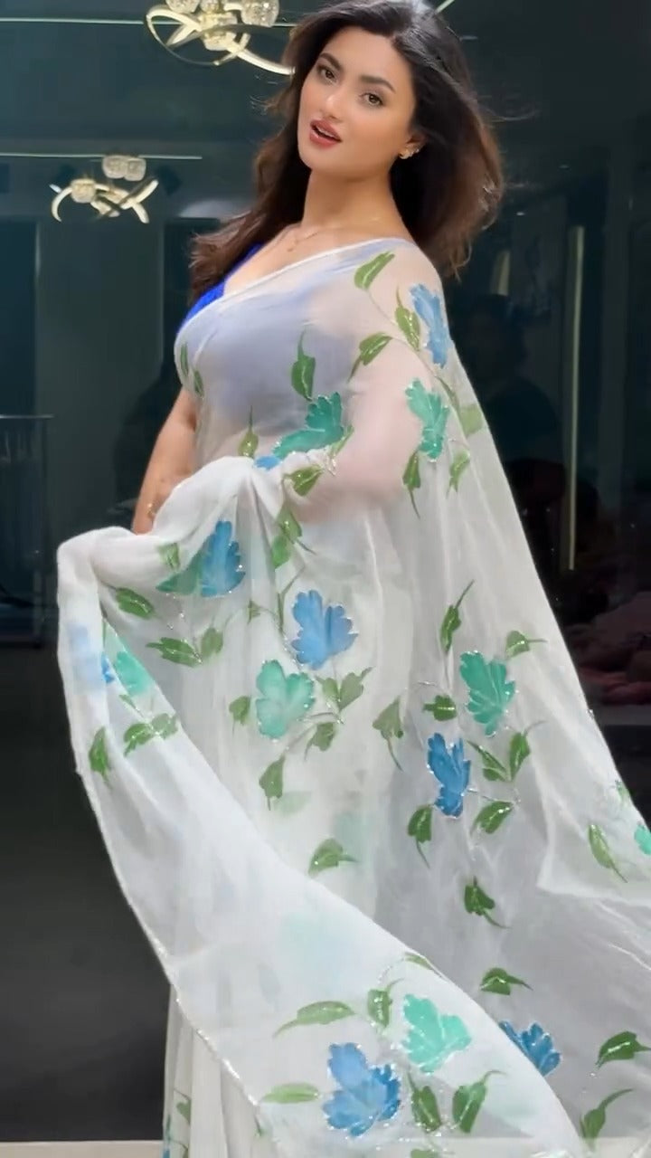 One Minute Ready To Wear Incredible Off White Georgette Saree with Stitch Blouse