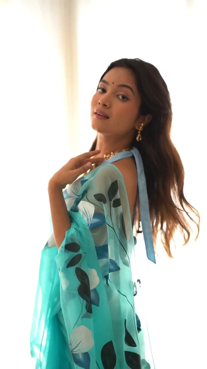 One Minute Ready To Wear Pretty Sky Blue Color Soft Organza Silk