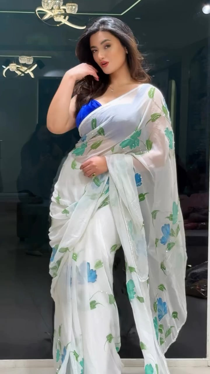 One Minute Ready To Wear Incredible Off White Georgette Saree with Stitch Blouse