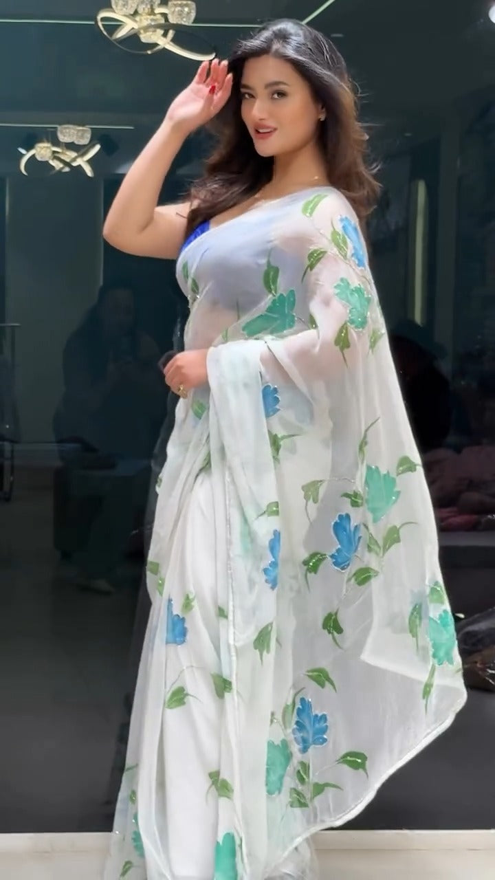 One Minute Ready To Wear Incredible Off White Georgette Saree with Stitch Blouse
