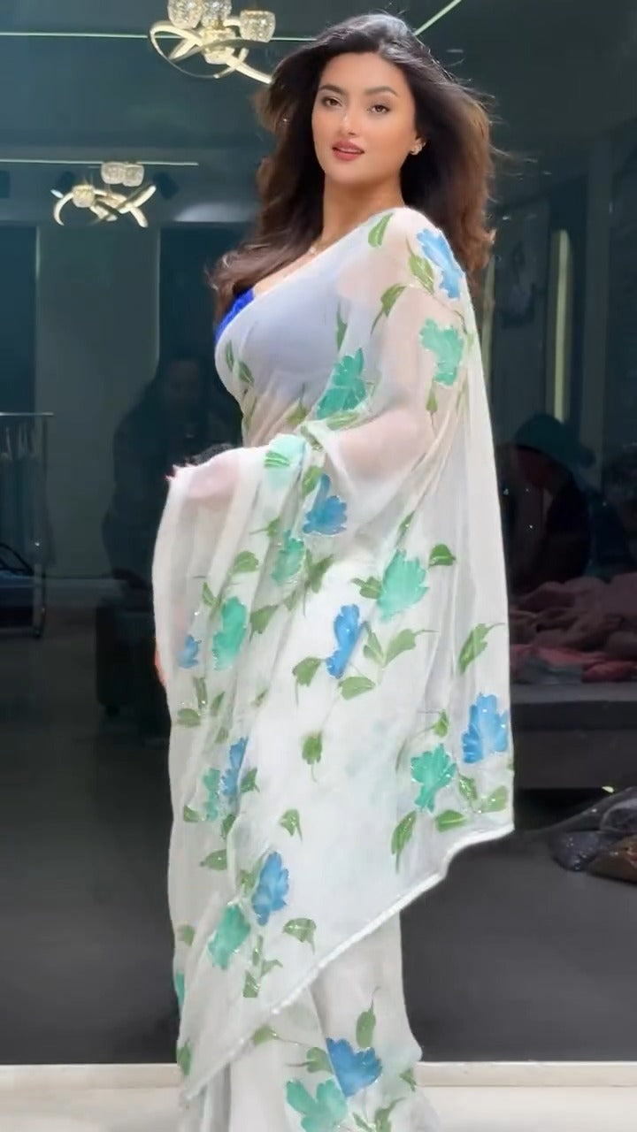 One Minute Ready To Wear Incredible Off White Georgette Saree with Stitch Blouse