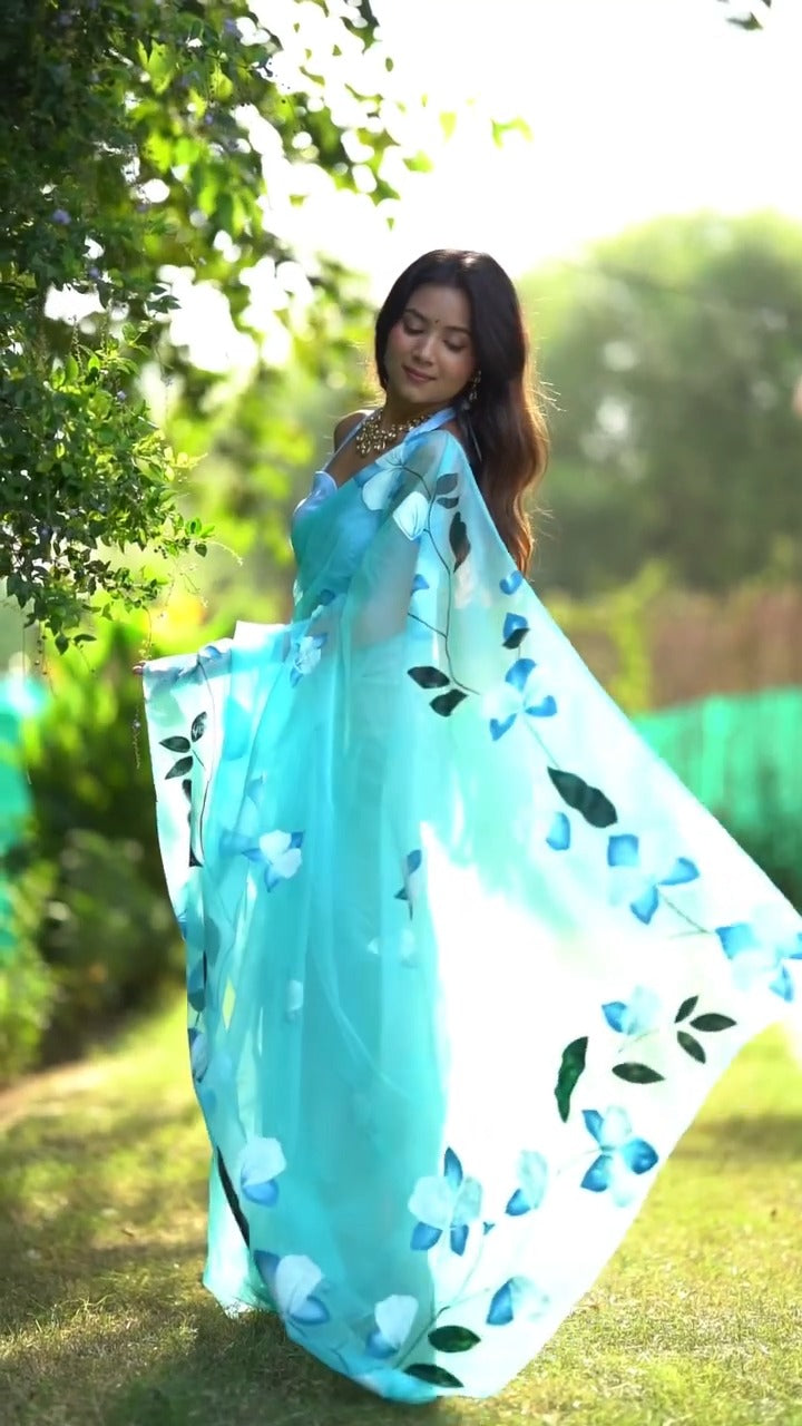 One Minute Ready To Wear Pretty Sky Blue Color Soft Organza Silk