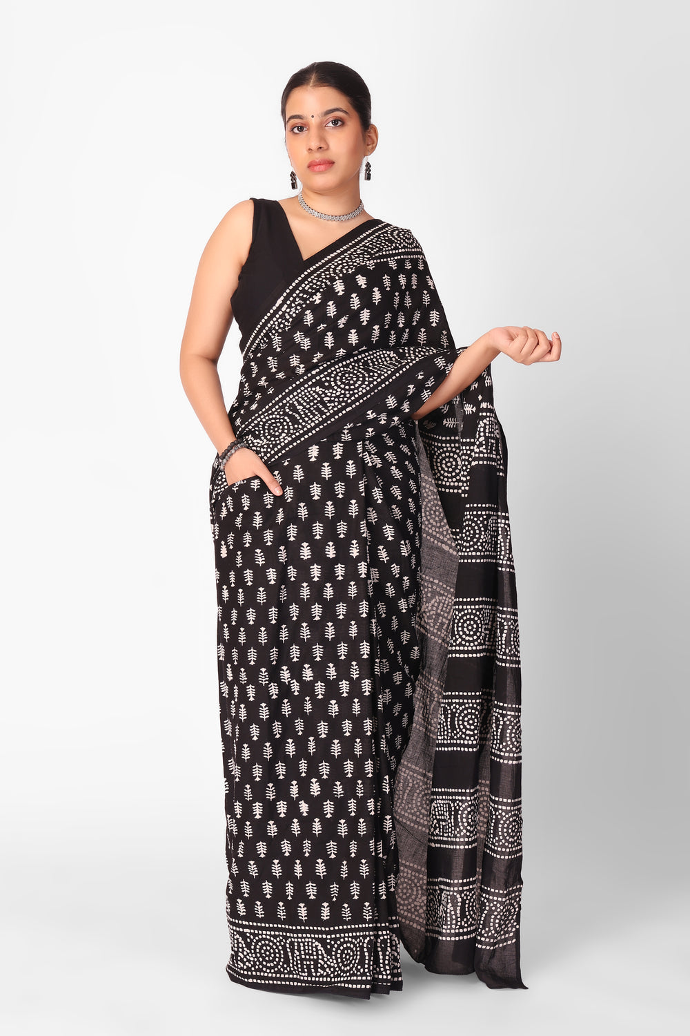 One Minute Ready To Wear Black Color Mulmul Cotton With Pocket Saree