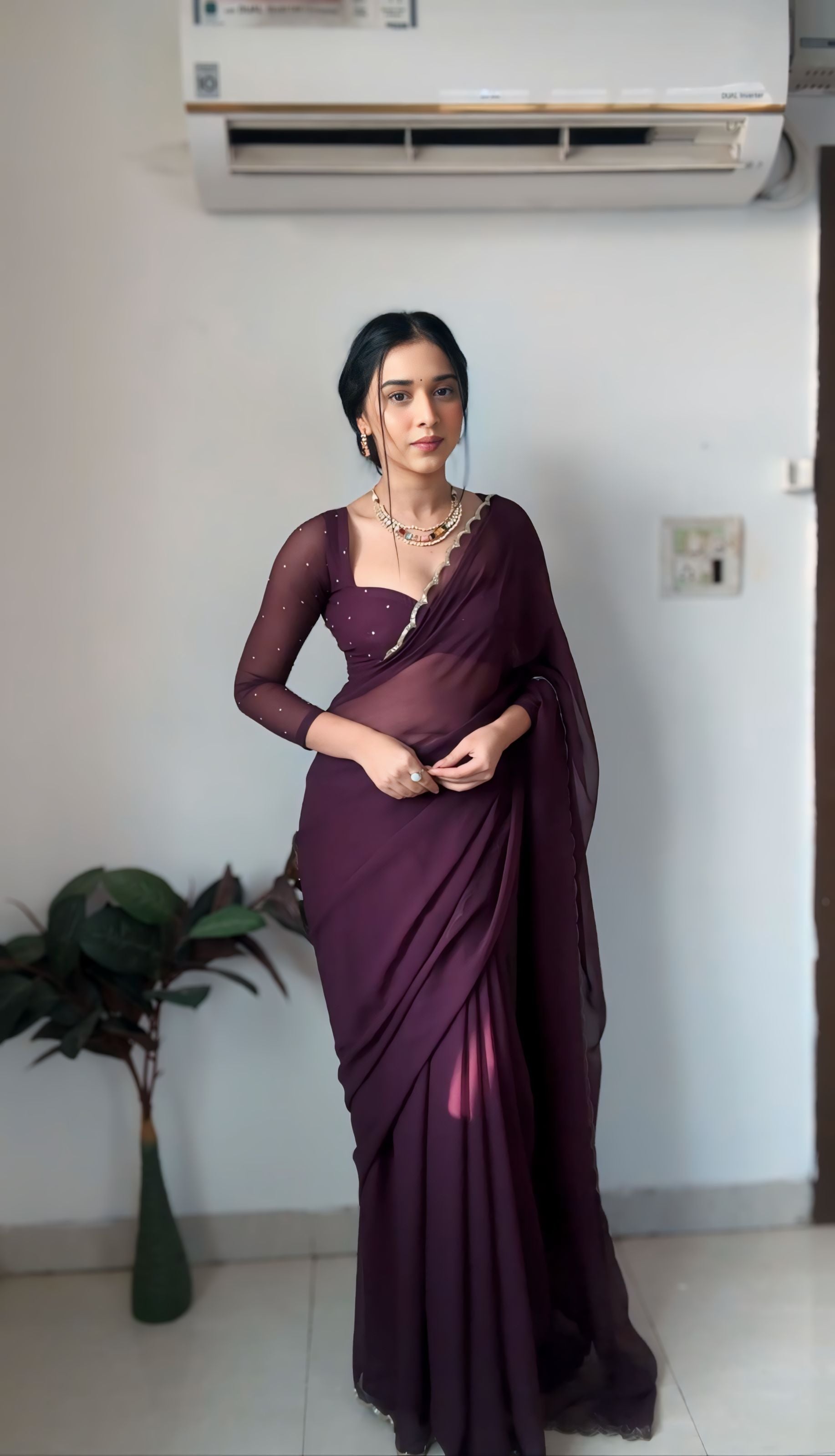 One Minute Ready To Wear Majestic Purple Drapery Saree with Stitch Blouse