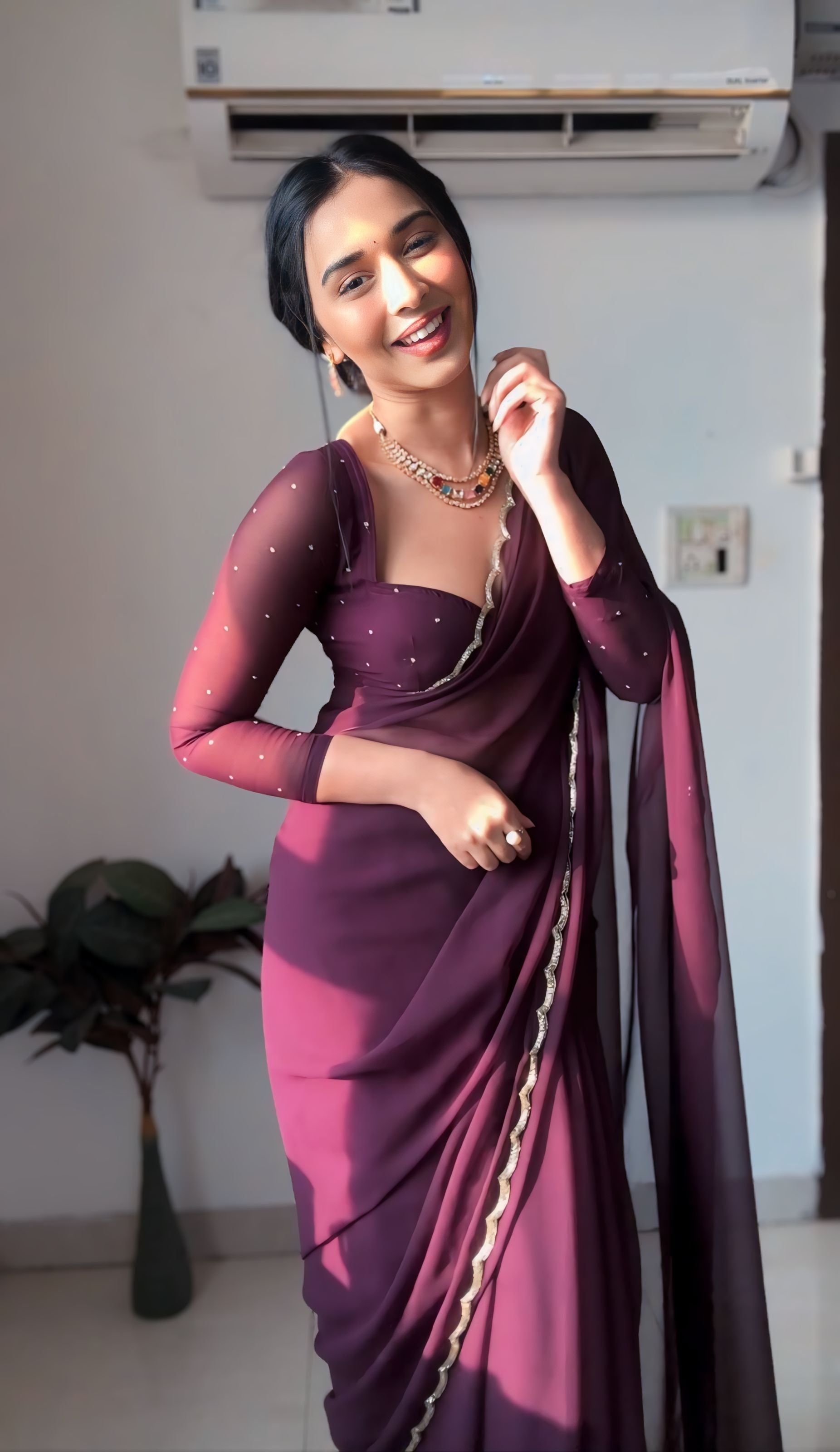 One Minute Ready To Wear Majestic Purple Drapery Saree with Stitch Blouse
