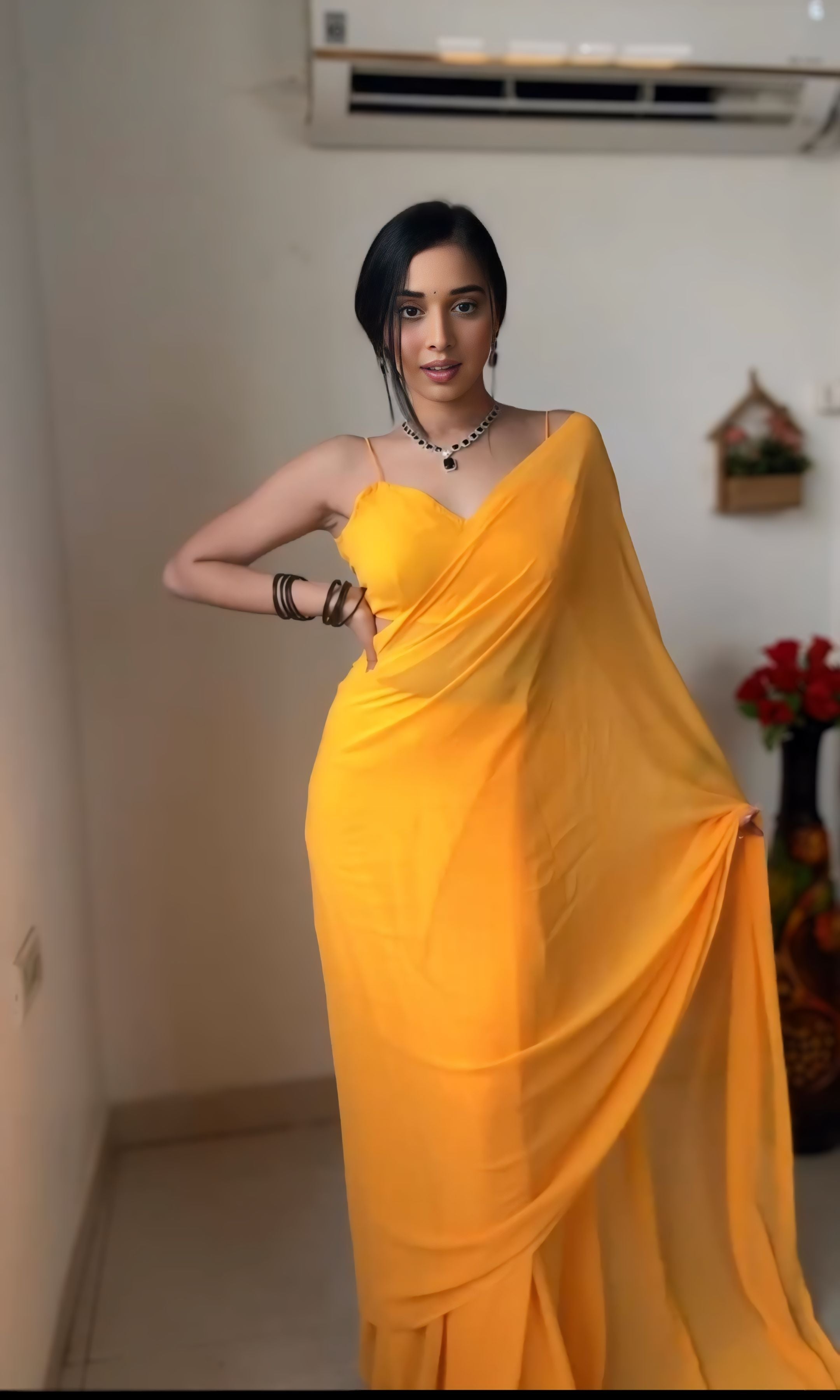 One Minute Ready To Wear Luminous Yellow Saree