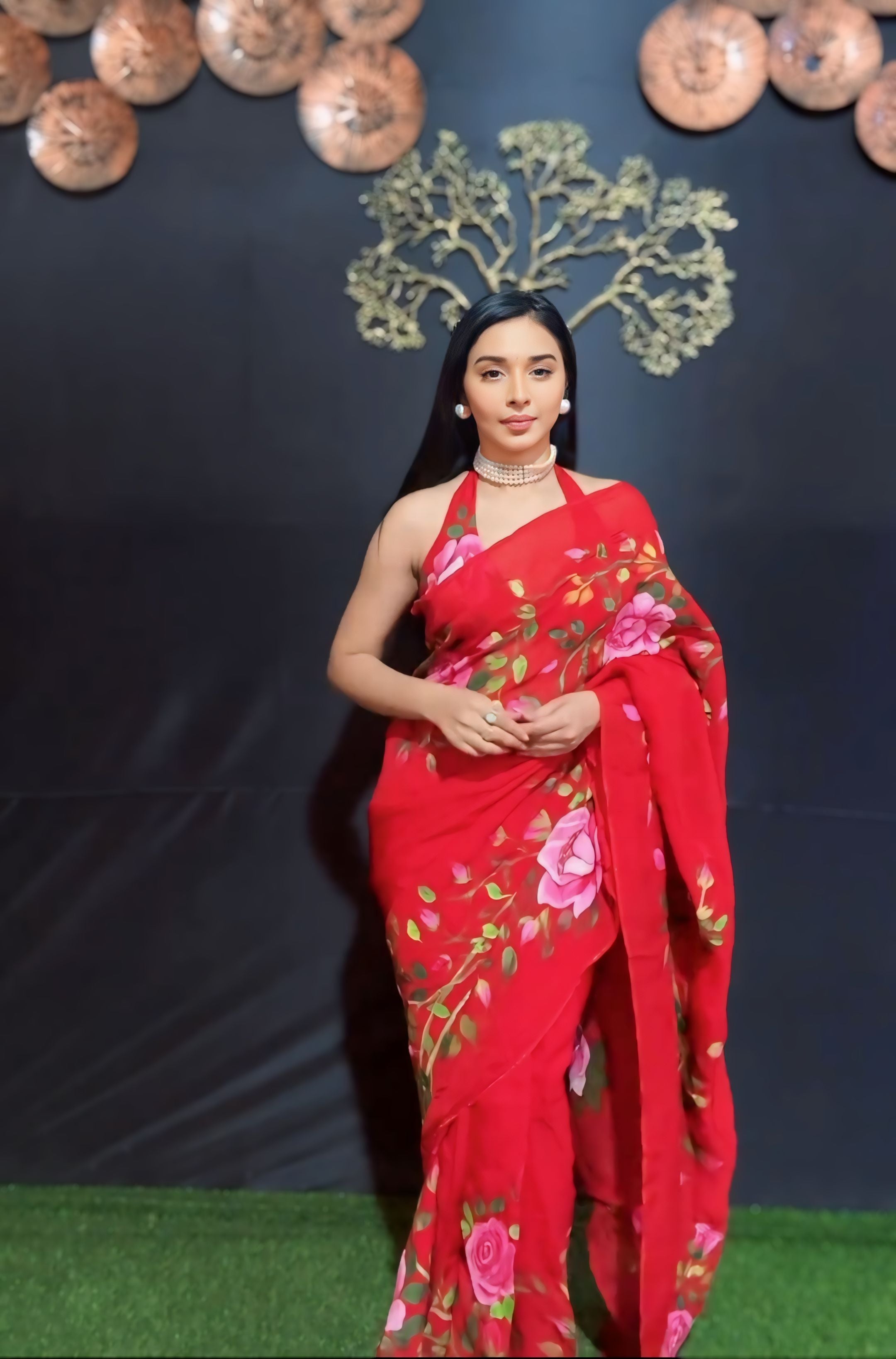 One Minute Ready To Wear Ethereal Bloosam Red Splendor Saree