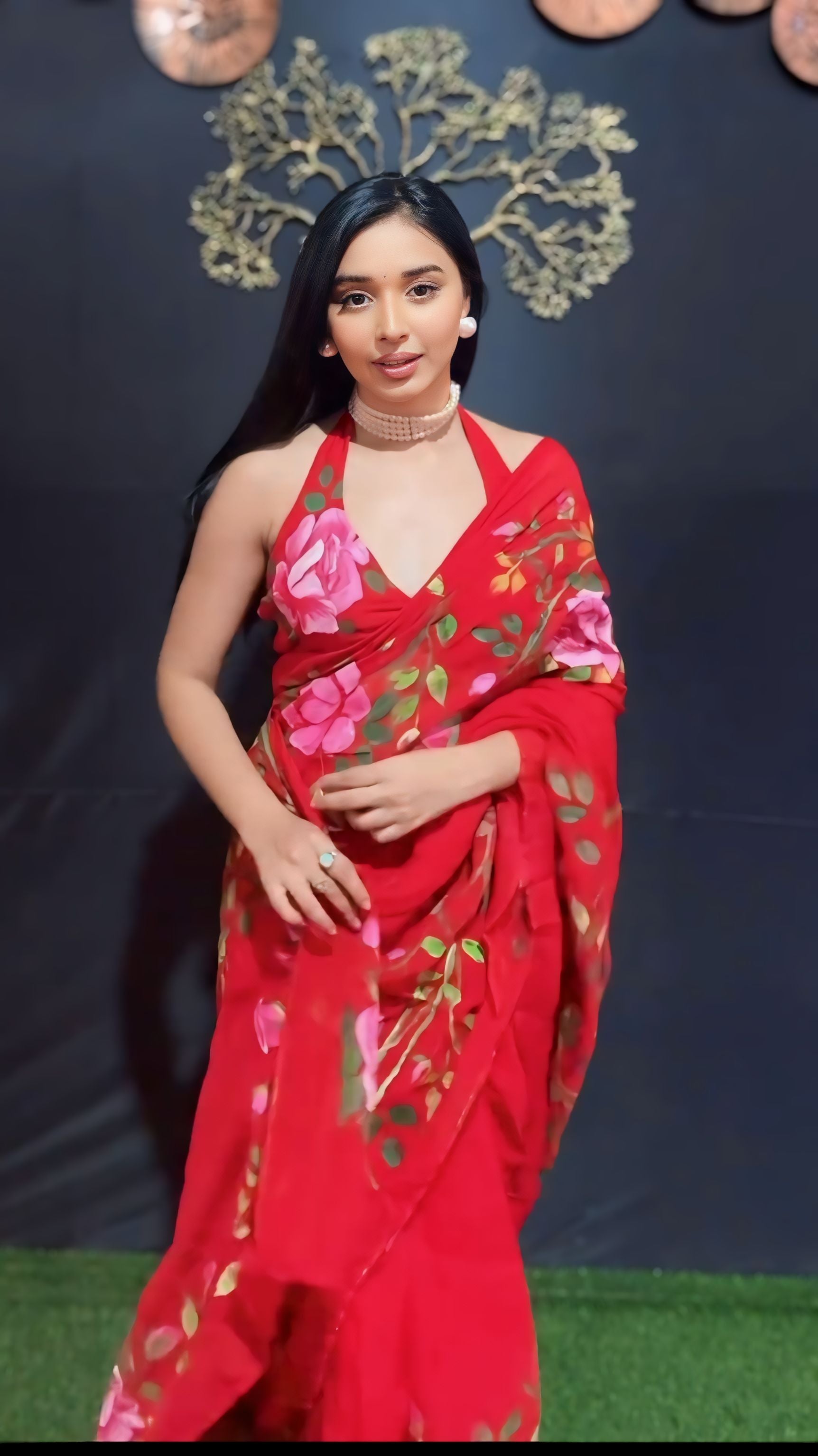 One Minute Ready To Wear Ethereal Bloosam Red Splendor Saree