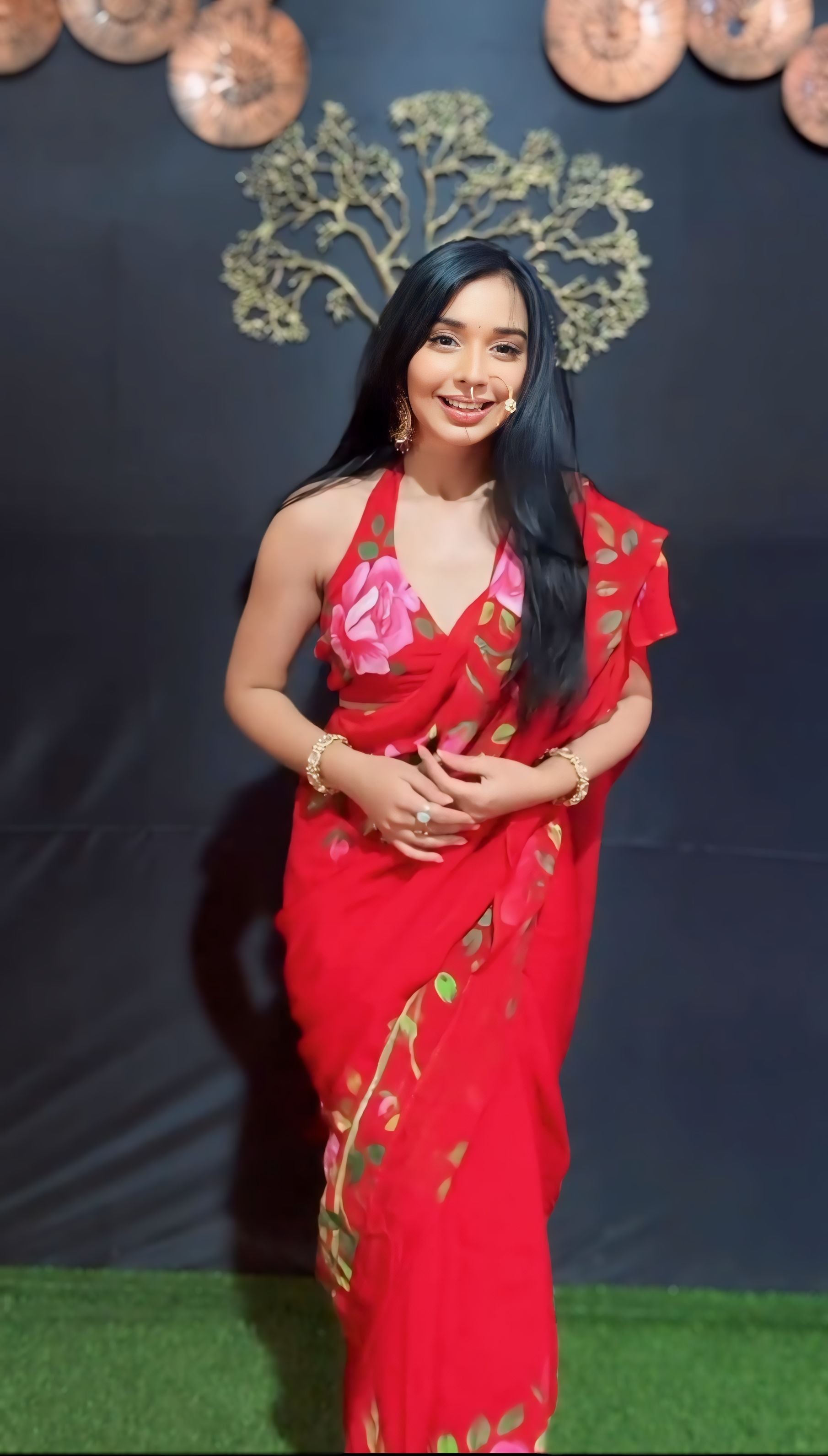 One Minute Ready To Wear Ethereal Bloosam Red Splendor Saree