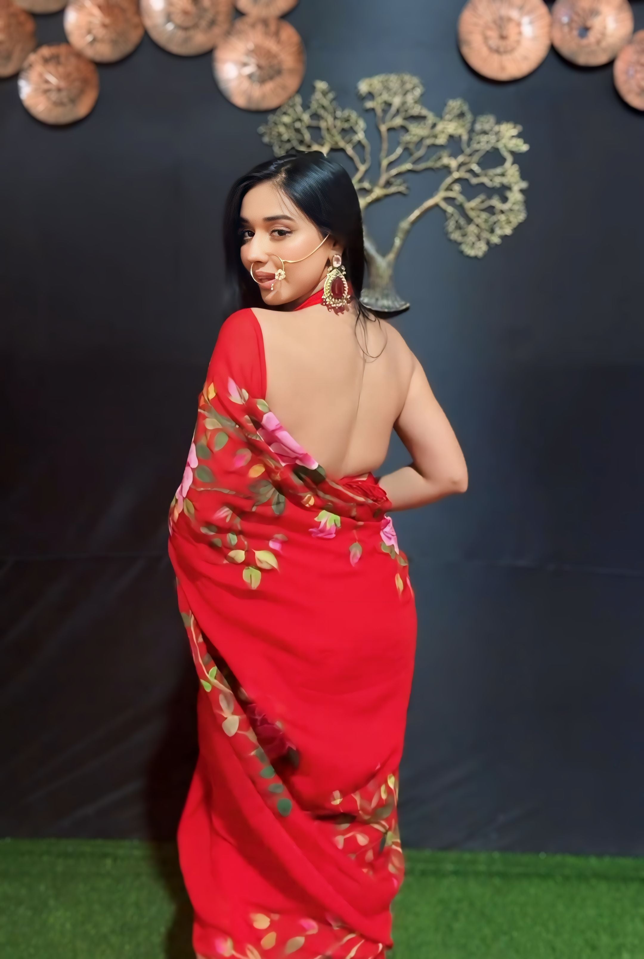 One Minute Ready To Wear Ethereal Bloosam Red Splendor Saree