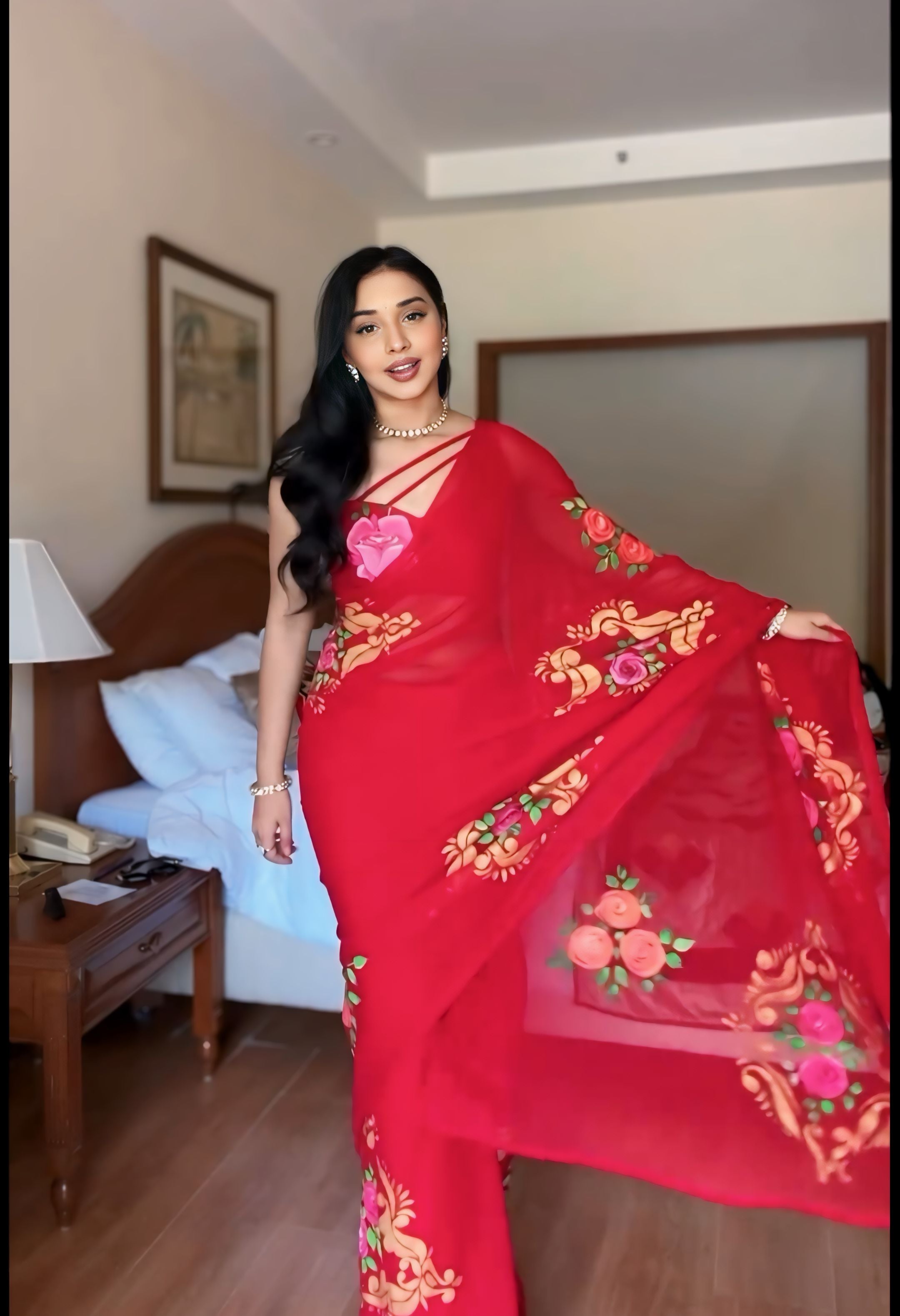 One Minute Ready To Wear Ethereal Red Printed Saree