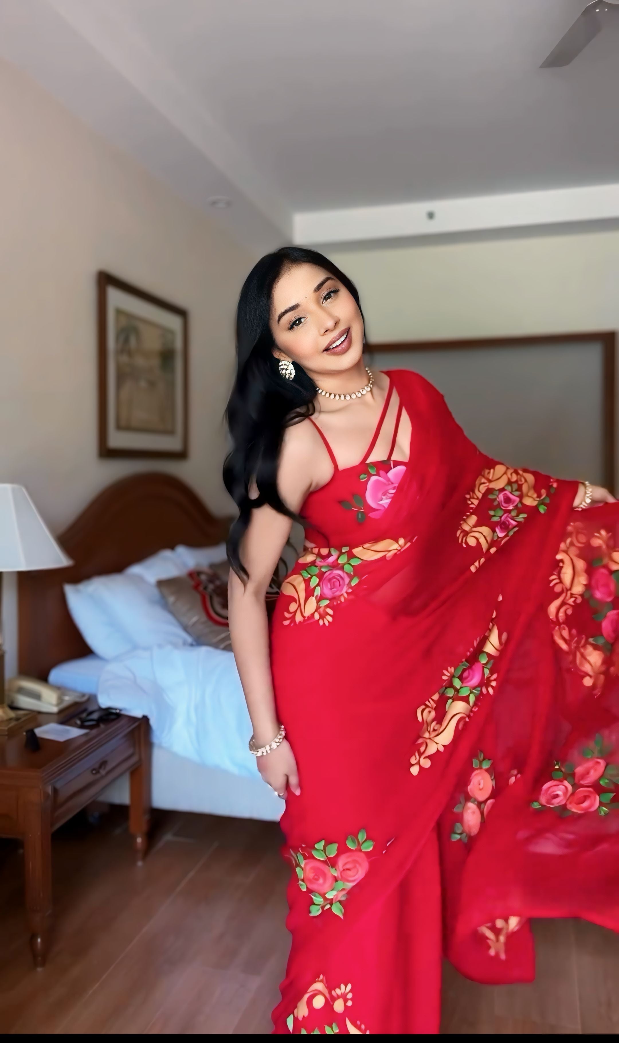 One Minute Ready To Wear Ethereal Red Printed Saree
