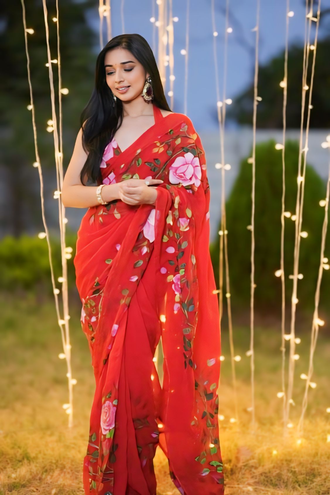 One Minute Ready To Wear Ethereal Bloosam Red Splendor Saree
