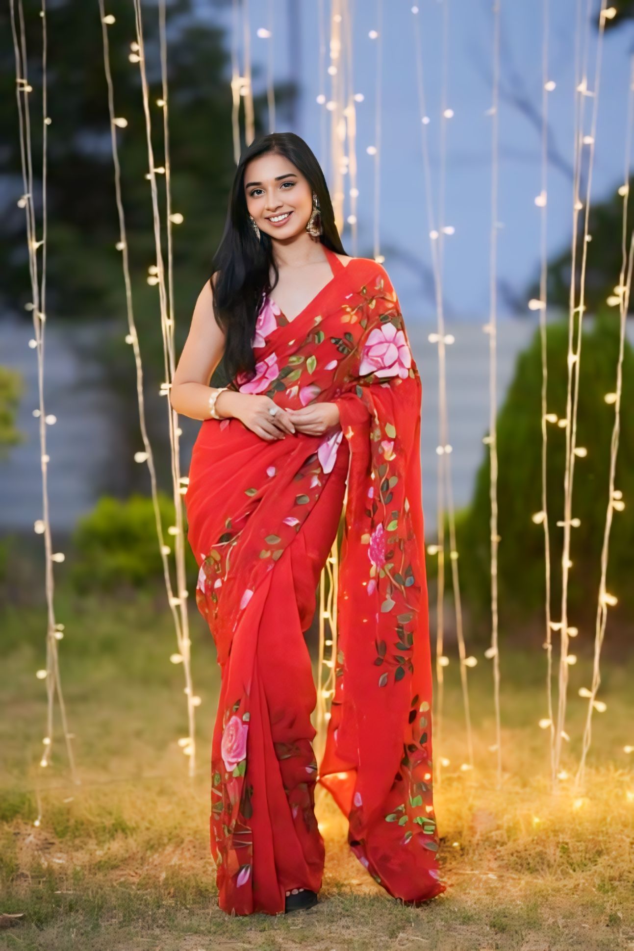 One Minute Ready To Wear Ethereal Bloosam Red Splendor Saree