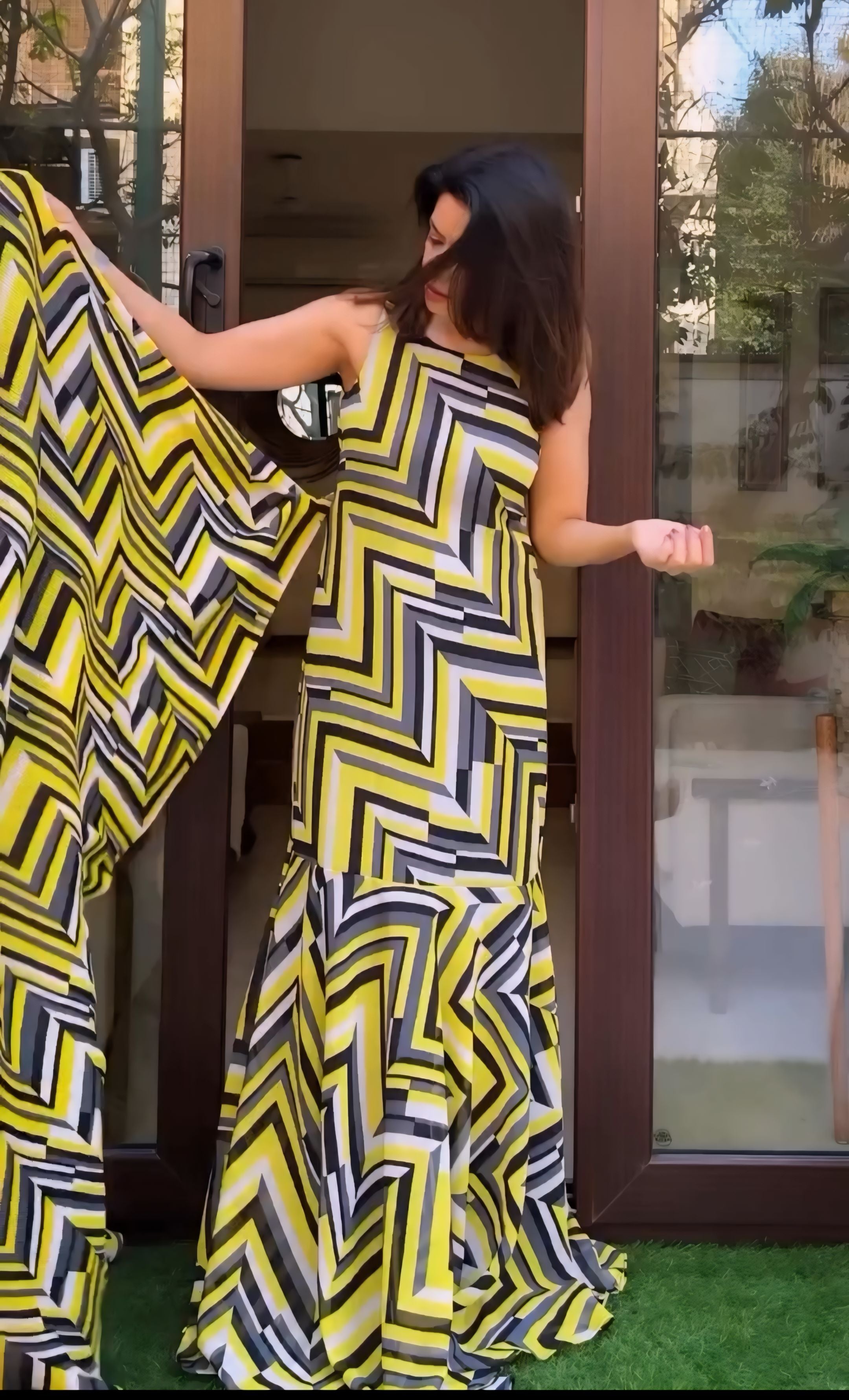 One Minute Ready To Wear Yellow Georgette Printed Work Saree
