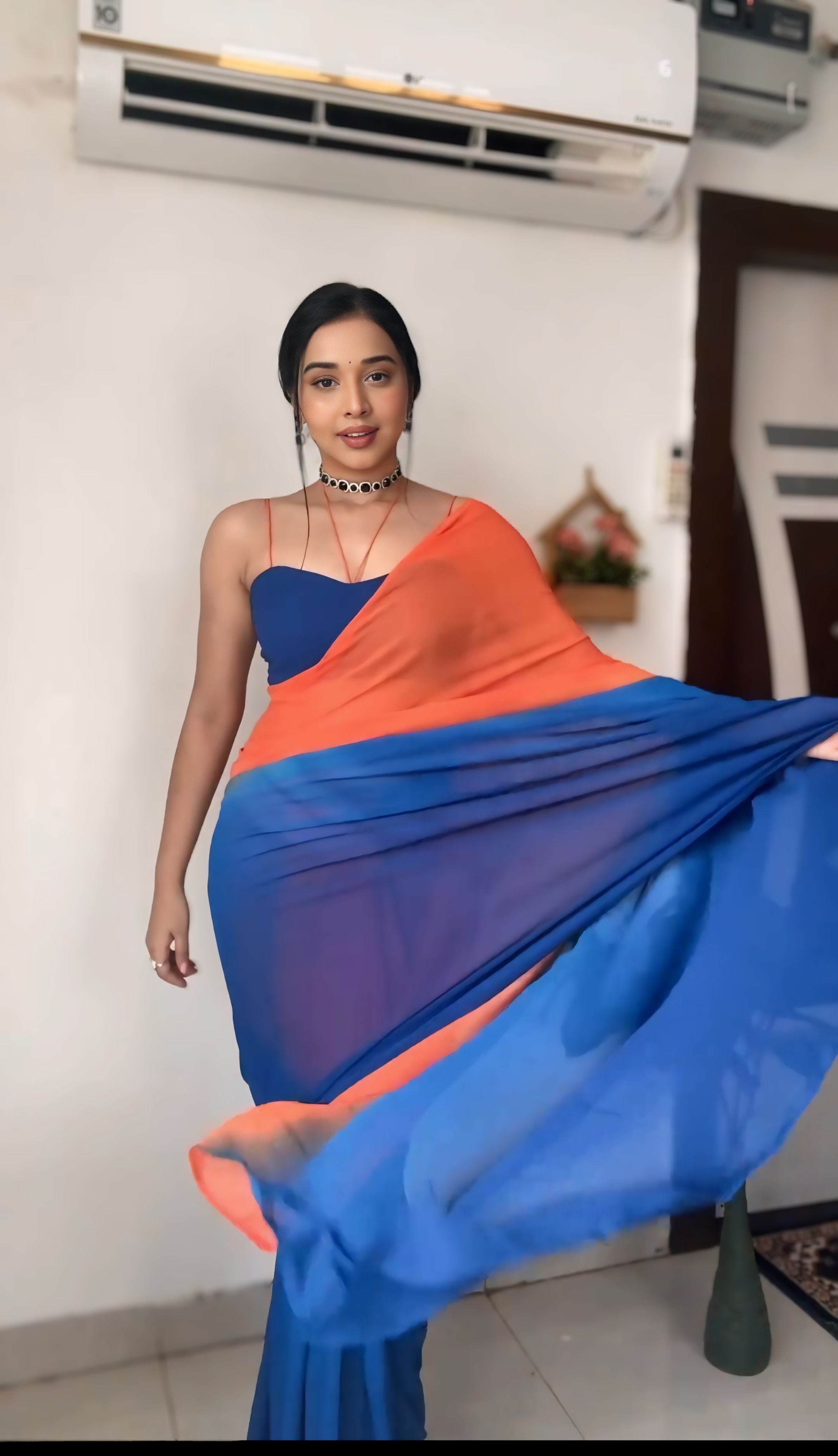 One Minute Ready To Wear Colorful Grace Orange-Blue Saree