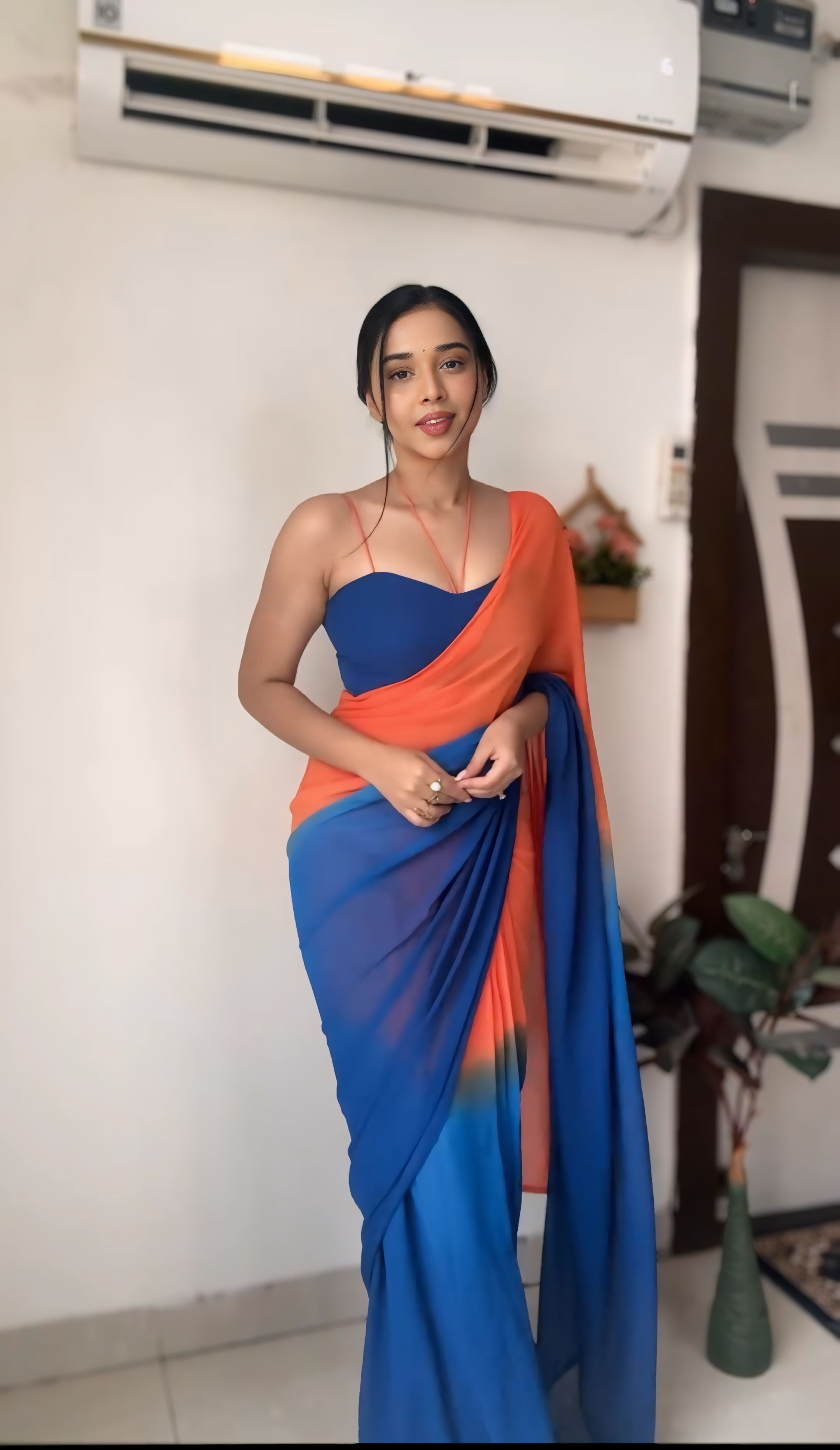 One Minute Ready To Wear Colorful Grace Orange-Blue Saree