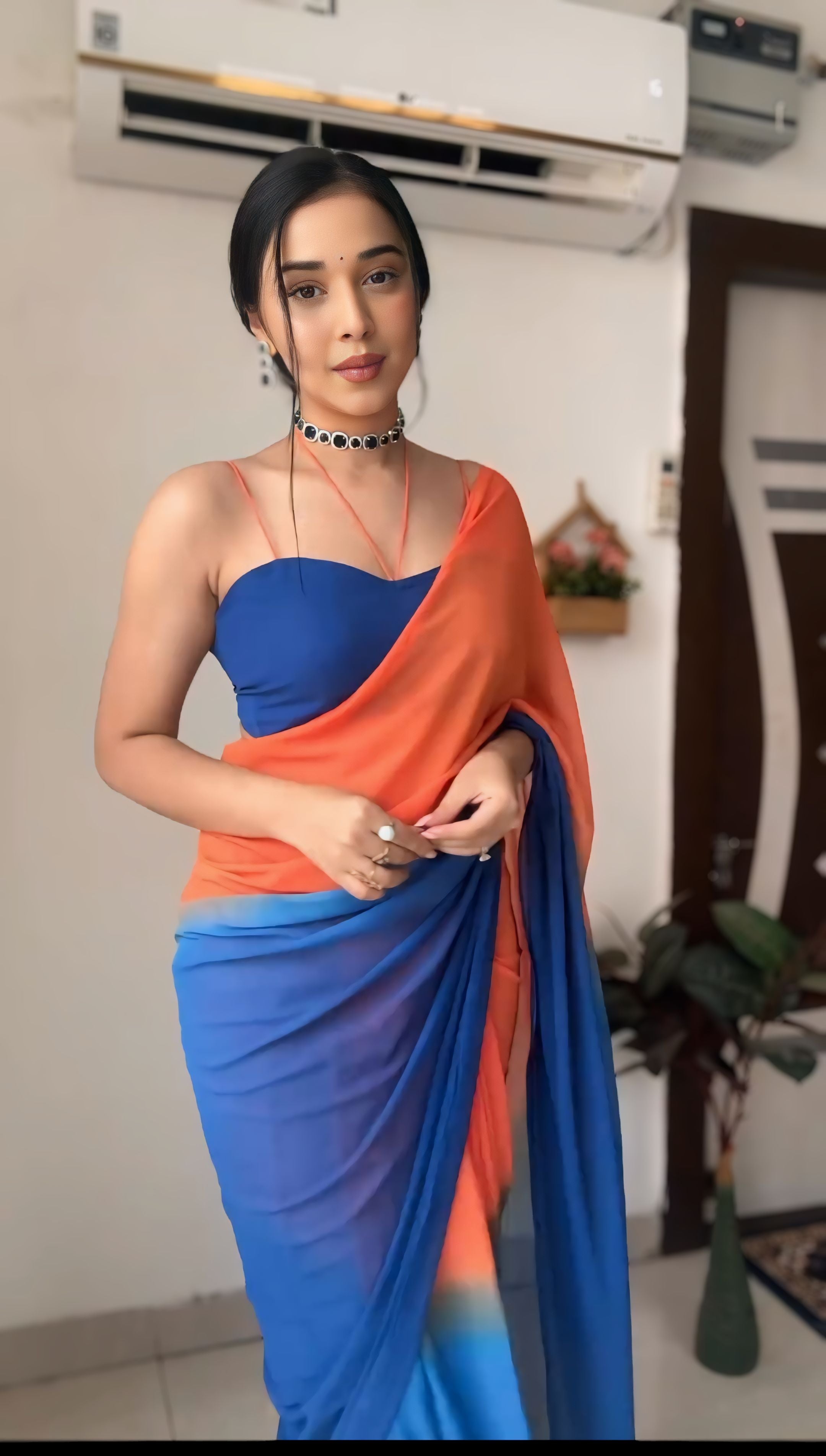 One Minute Ready To Wear Colorful Grace Orange-Blue Saree