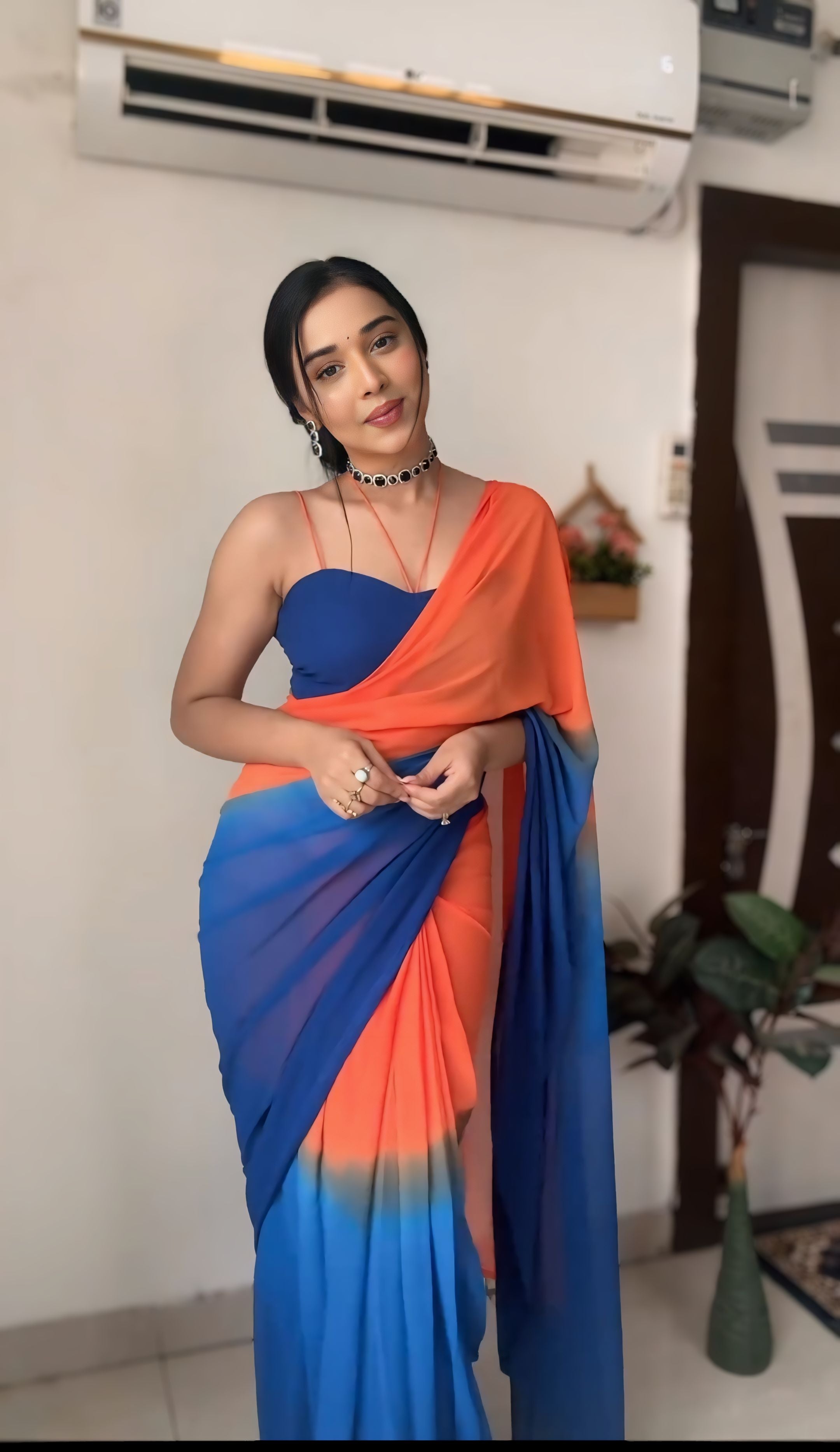 One Minute Ready To Wear Colorful Grace Orange-Blue Saree