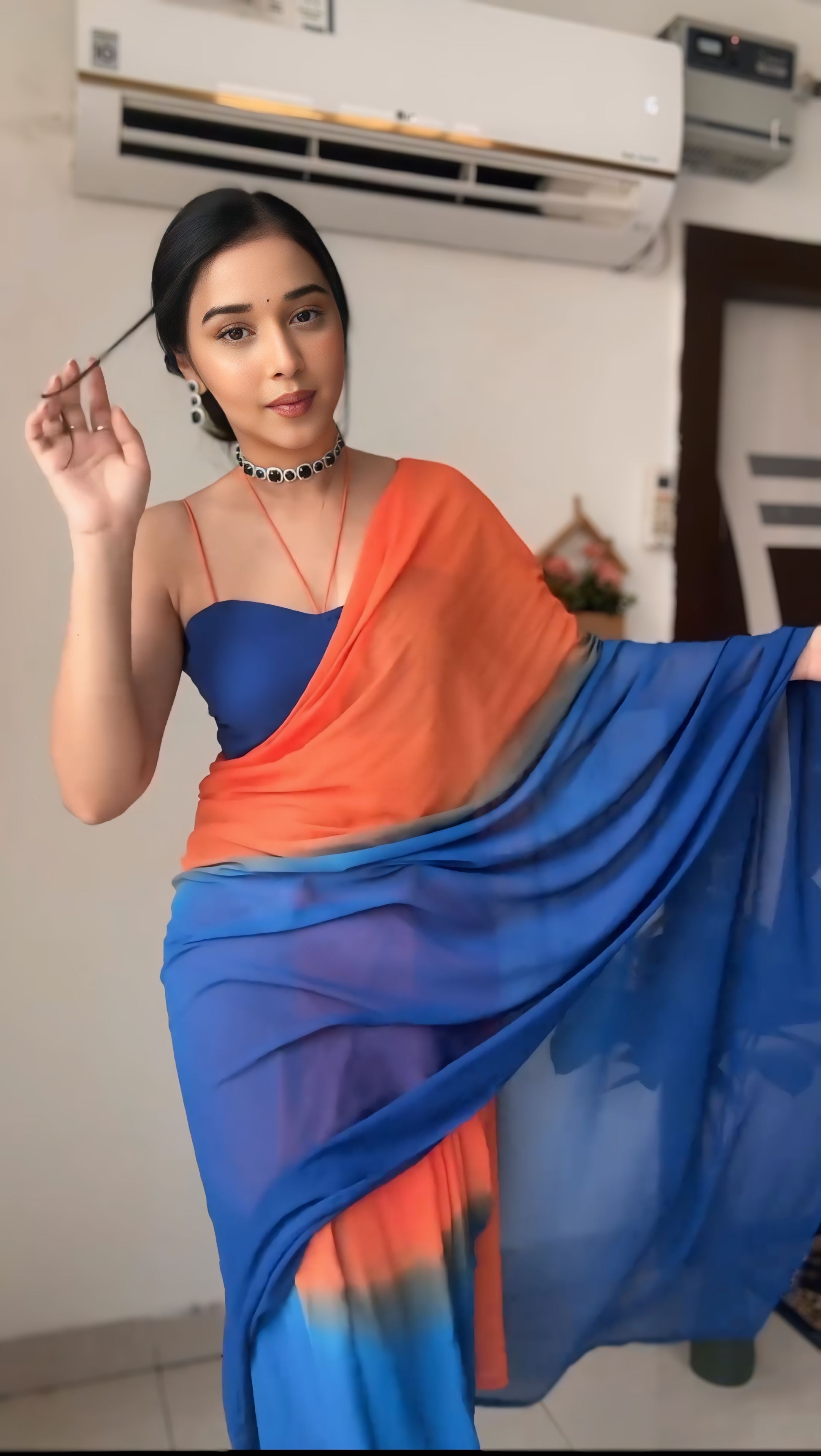One Minute Ready To Wear Colorful Grace Orange-Blue Saree