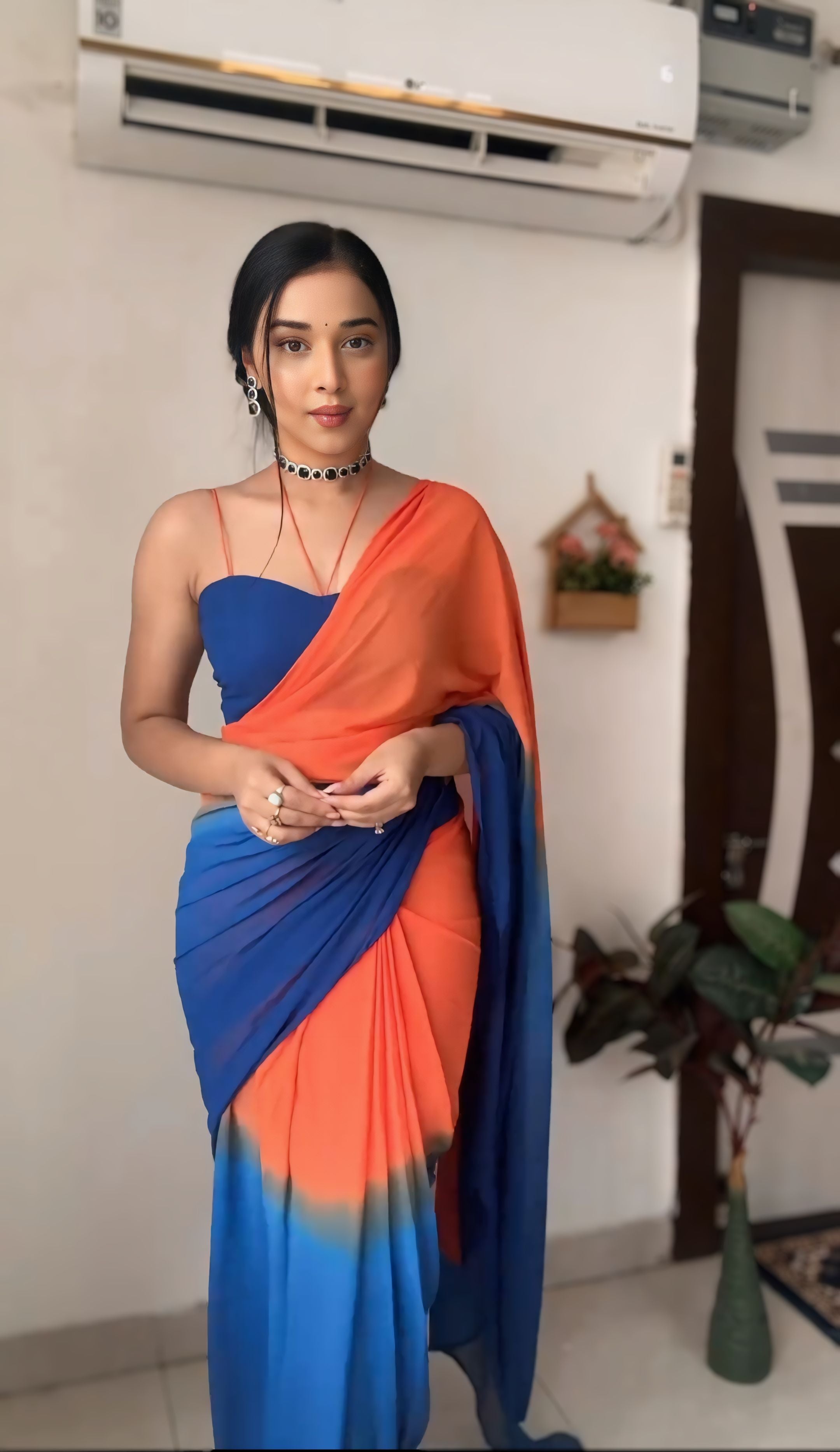 One Minute Ready To Wear Colorful Grace Orange-Blue Saree