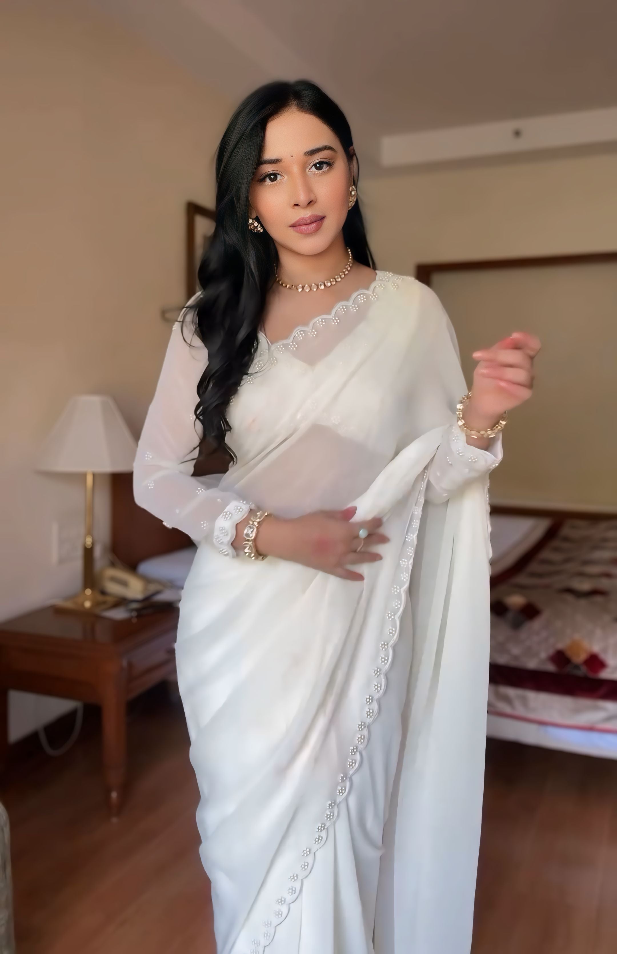 One Minute Ready To Wear Elegant Essence White Saree with Stitch Blouse