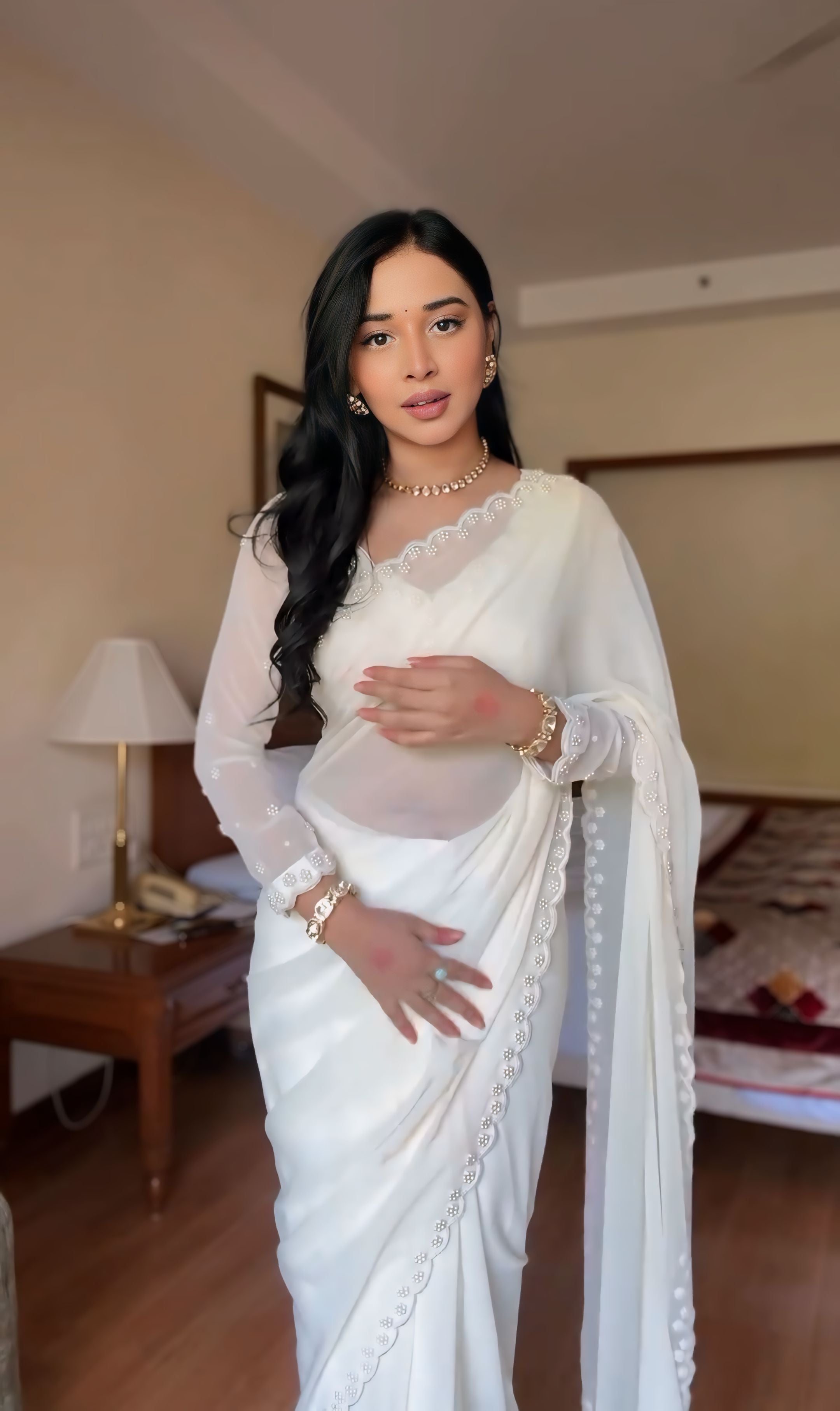 One Minute Ready To Wear Elegant Essence White Saree with Stitch Blouse